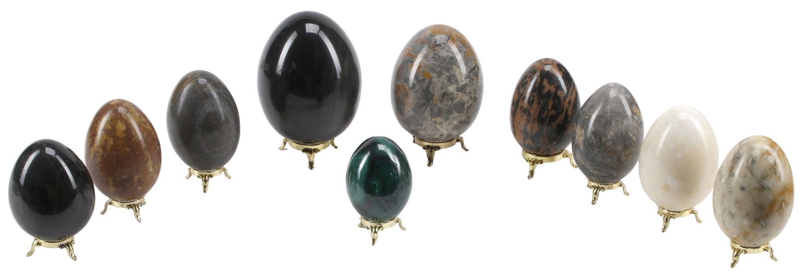 (10) MARBLE & SEMIPRECIOUS STONE EGGS & GILT METAL STANDS: (lot of 10) Carved marble and semiprecious stone eggs on metal bases, approx 5.5"h, 4.5"diam, 24lbs total