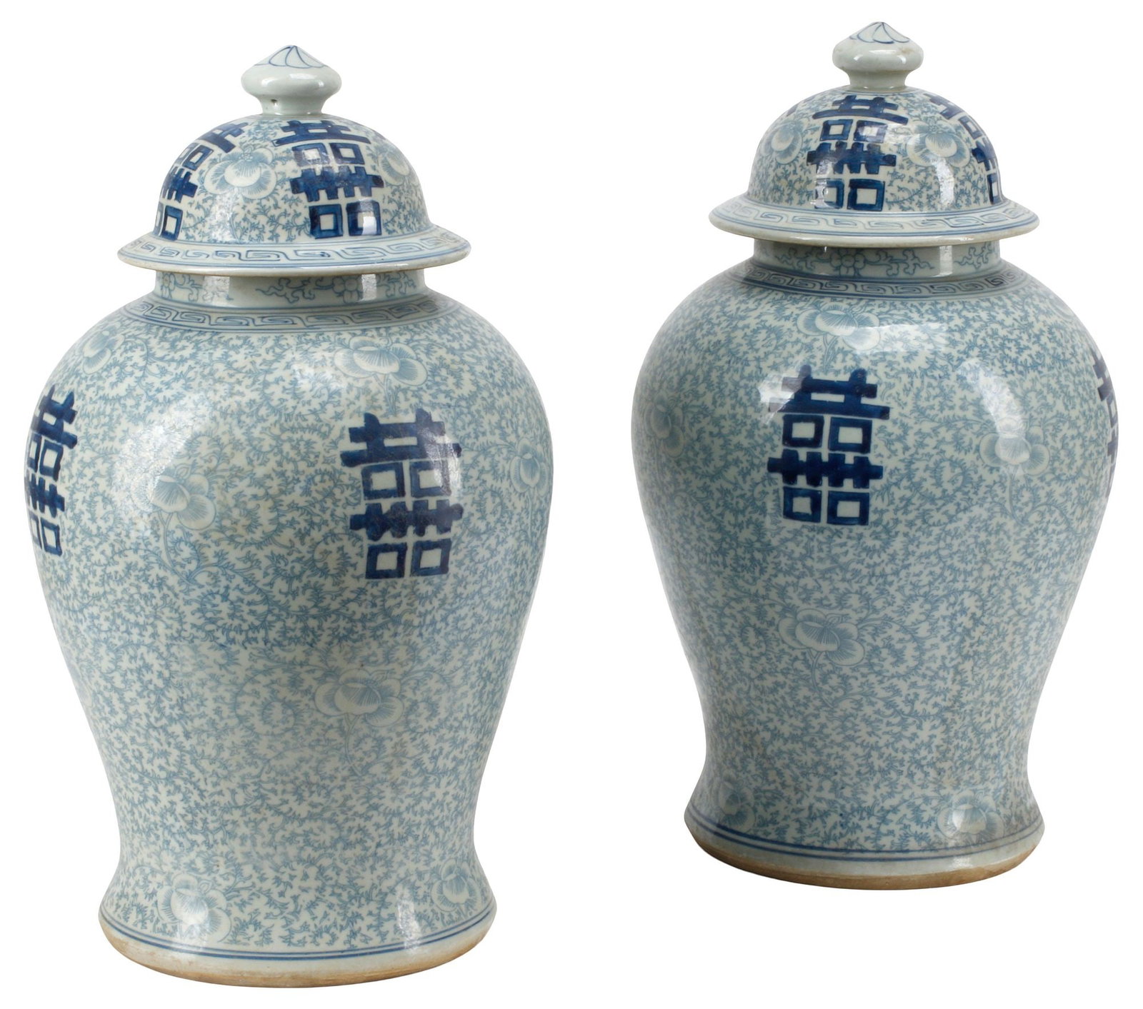 (2) CHINESE BLUE & WHITE PORCELAIN 'DOUBLE HAPPINESS' TEMPLE JARS (1 of 5)