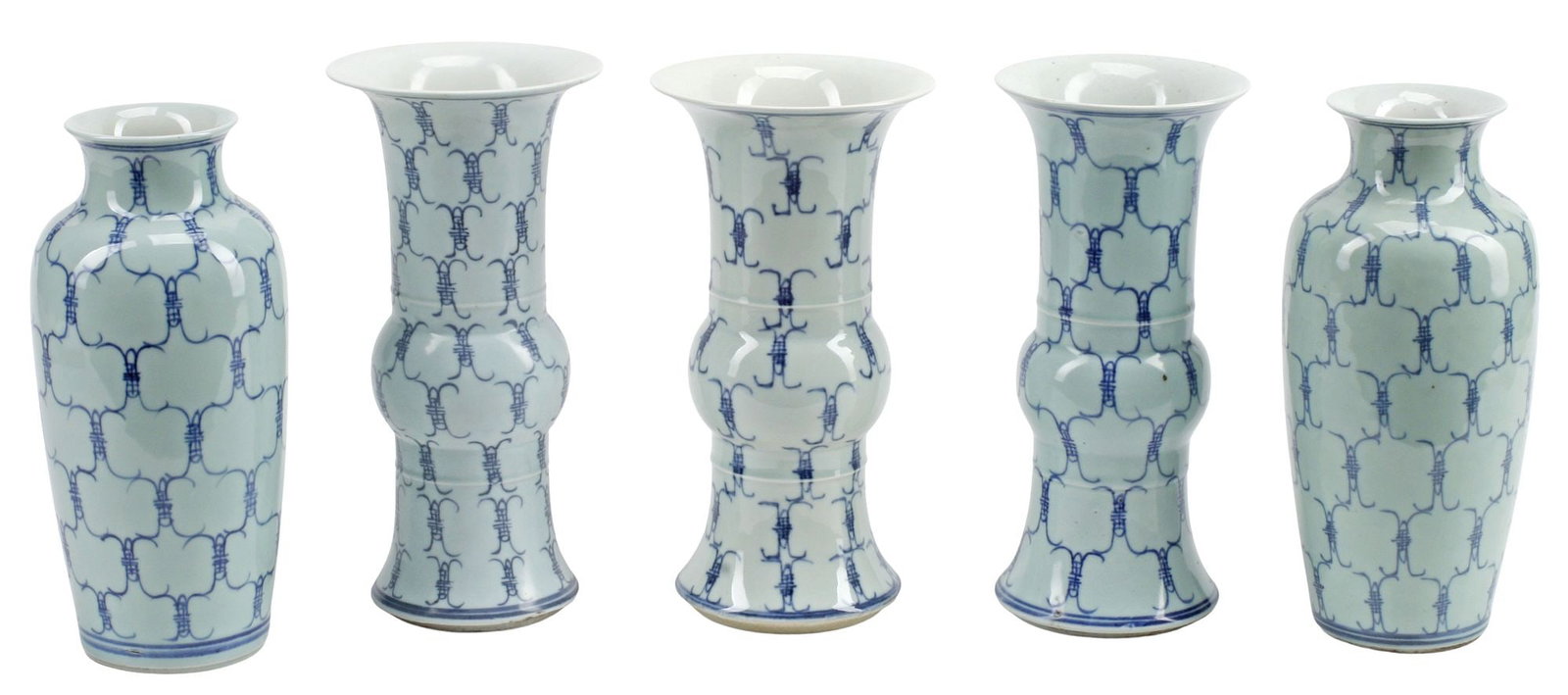 (5) CHINESE BLUE & WHITE PORCELAIN GARNITURE SET: (lot of 5) Chinese porcelain garniture set, each decorated underglaze in blue with a repeated stylized longevity (Shou) pattern, on a pale ground, comprising (three) gu-form vases and a (pair) of balu