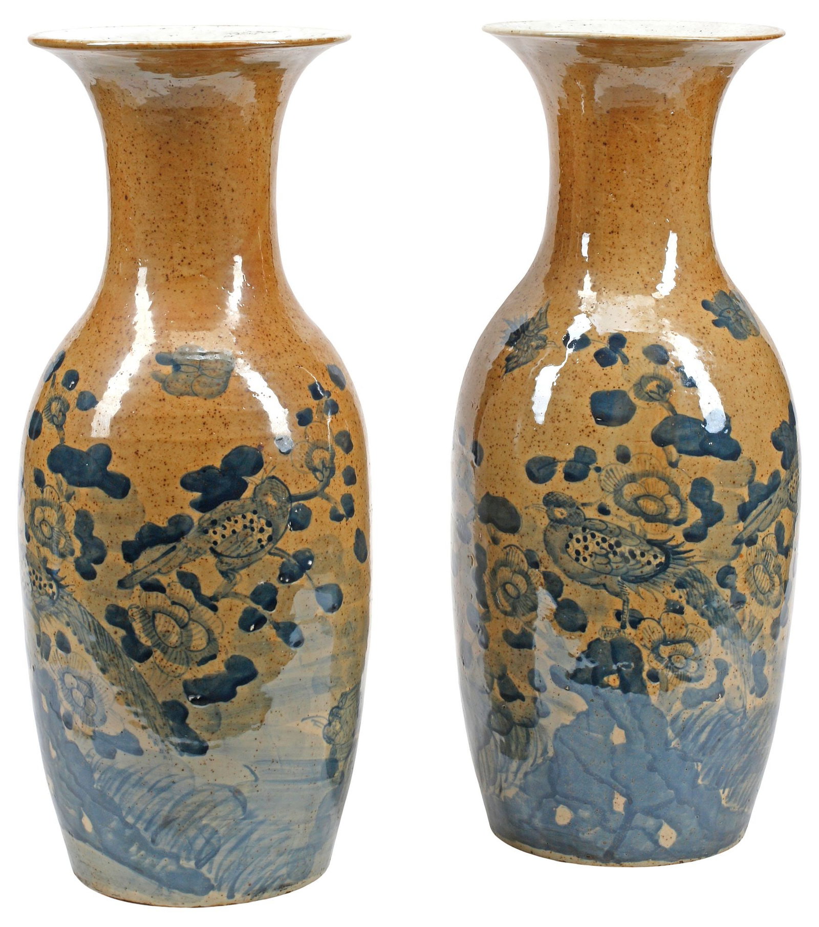 (2) CHINESE BLUE FLORAL PORCELAIN BALUSTER VASES: (pair) Chinese porcelain baluster vases, each having flared rim over tapering body, with blue decoration on tonal ground, depicting birds, flowers, and foliate motifs, approx 23"h, 9"diam, 36lbs total