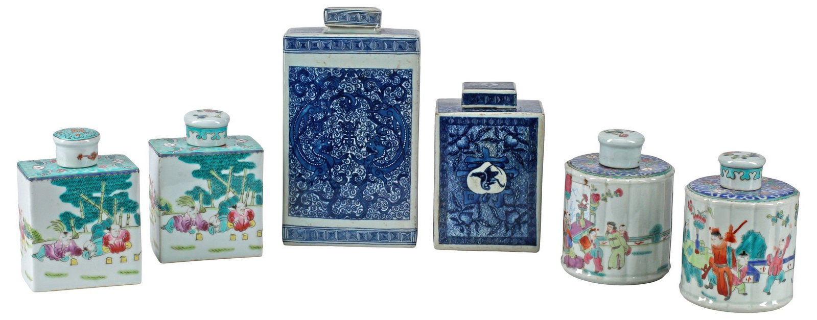 (6) CHINESE BLUE & WHITE AND FAMILLE ROSE PORCELAIN TEA CADDIES (1 of 5)
