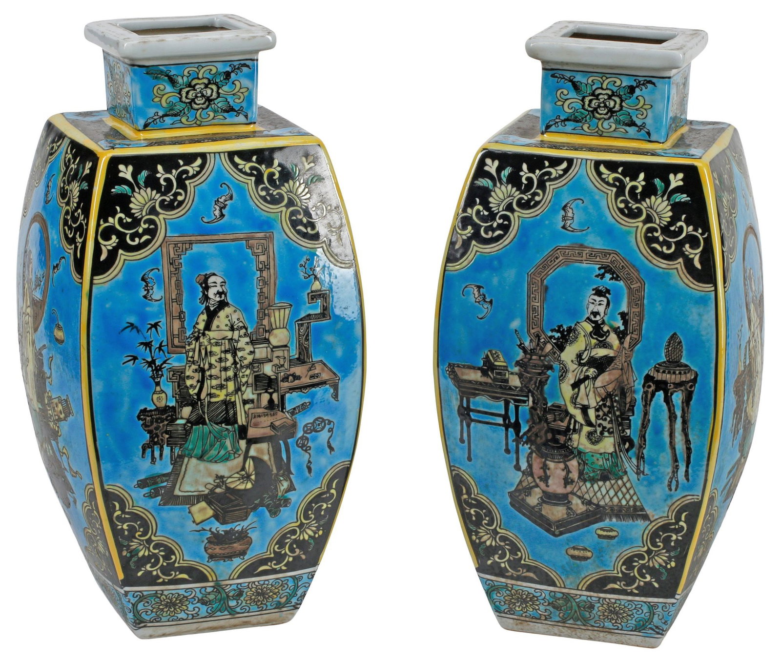 (2) CHINESE FAMILLE NOIR PORCELAIN SQUARE VASES: (pair) Chinese famille noir porcelain square vases, each having narrow neck over bulbous body, with figures in lavish interior, honorific Kangxi style six character mark underfoot, approx 15"h, 7"w, 7