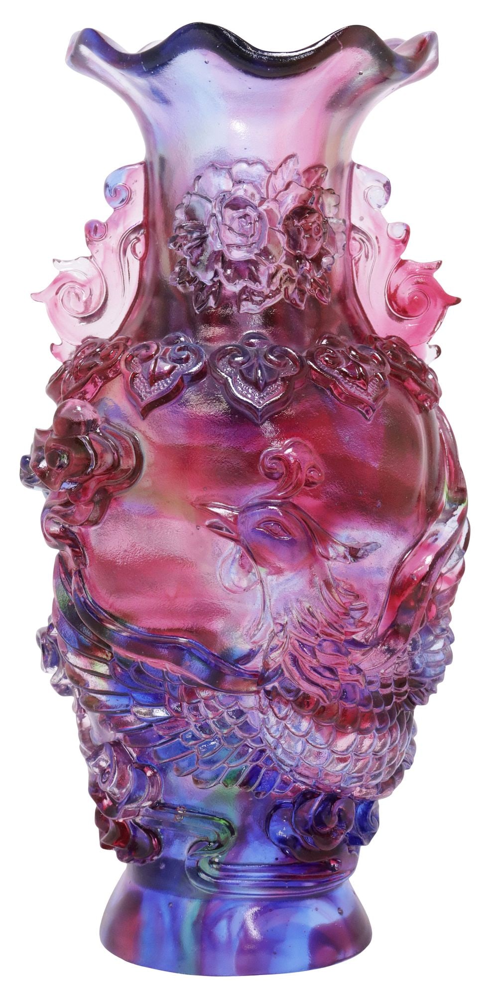 ASIAN MOLDED PINK & PURPLE LIULI-STYLE ART GLASS PHOENIX VASE (1 of 4)