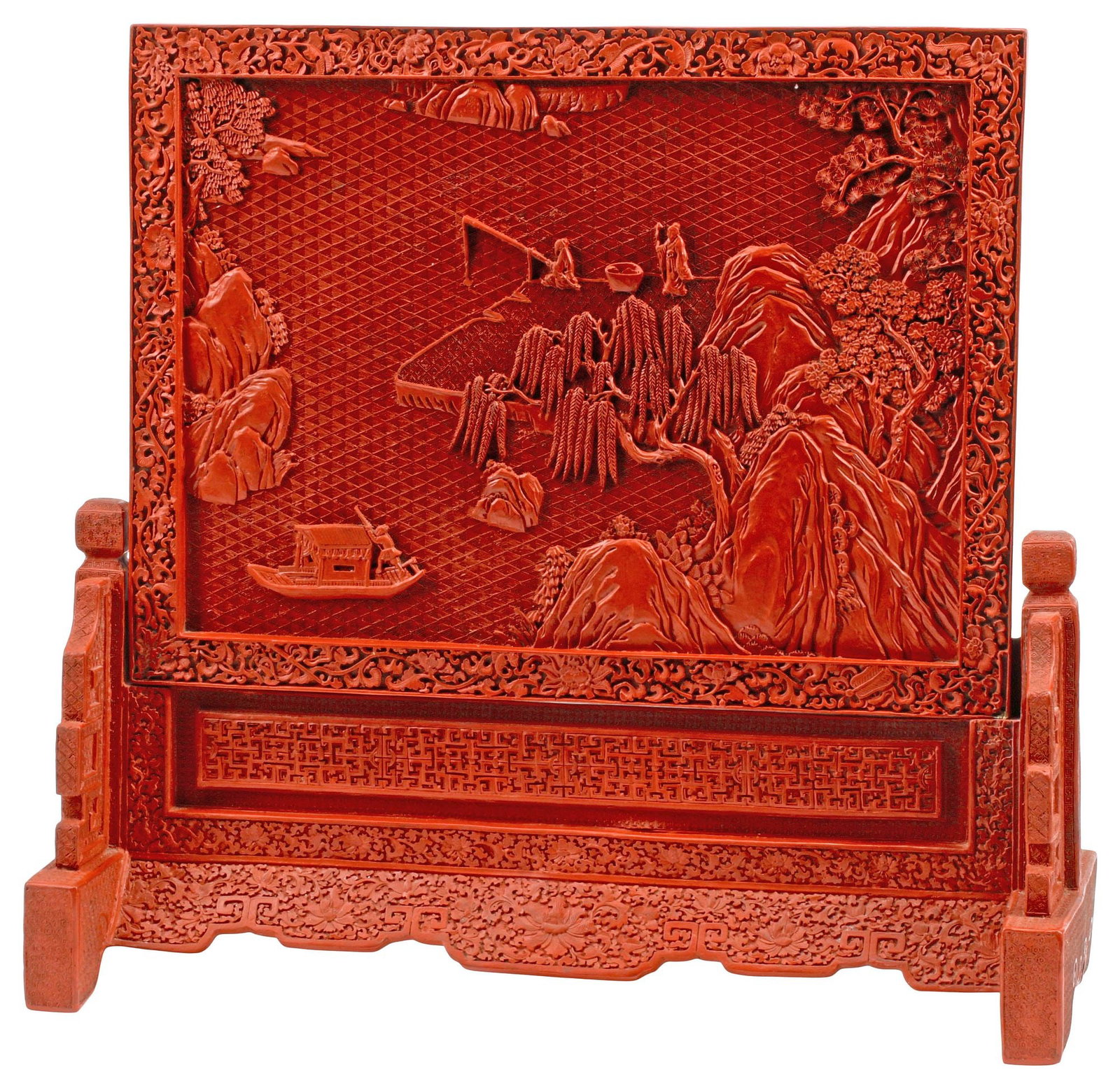 LARGE DECORATIVE CHINESE LANDSCAPE & CALLIGRAPHY TABLE SCREEN: Decorative Chinese red and black table screen, rectangular frame with figural landscape scene, the reverse with calligraphic script, rising on shaped base, likely resin, approx 23"h, 25"w, 9"d, 20.5lb