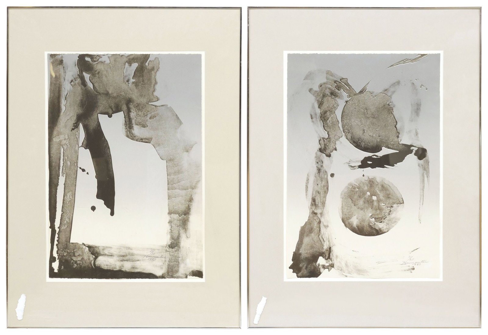 (2) MATSUMI KANEMITSU (1922-1992) 'REFLECTIONS' LITHOGRAPHIC PRINTS: (lot of 2) Framed monochromatic lithograph prints on paper, each pencil signed lower right Kanemitsu (Matsumi "Mike" Kanemitsu (Japanese American, 1922-1992), from the "Reflections" series, dated 1980