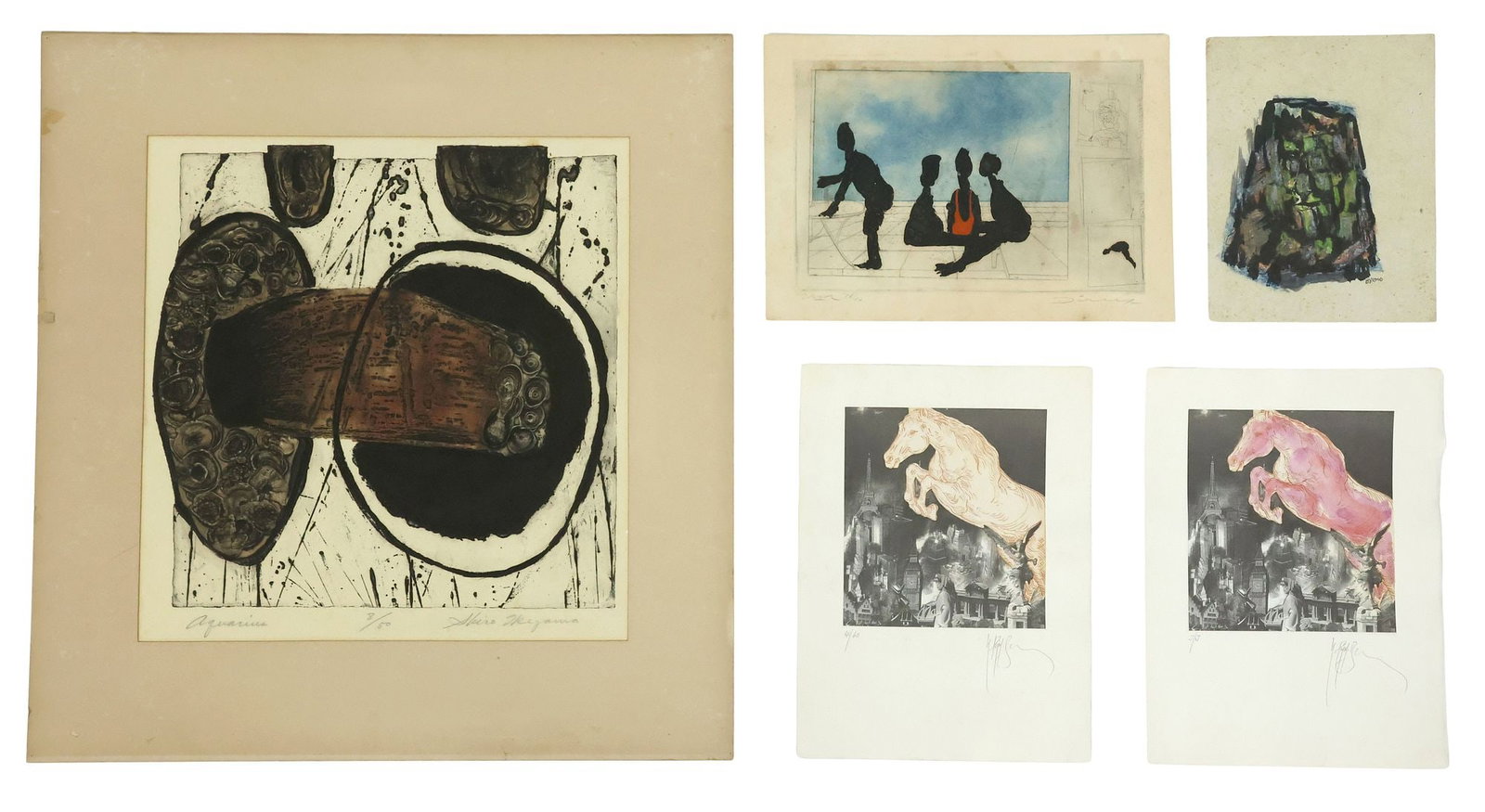 (5) UNFRAMED MODERN PRINTS, 1 SHIRO IKEGAWA (JAPANESE, D.2009) ETCHING: (lot of 5) Unframed works on paper, including: (1) etching, "Aquarius," pencil signed lower right Shiro Ikegawa (Japanese, 1933-2009), titled and numbered 8/ 50 in lower margin, sight: approx 19"h, 18