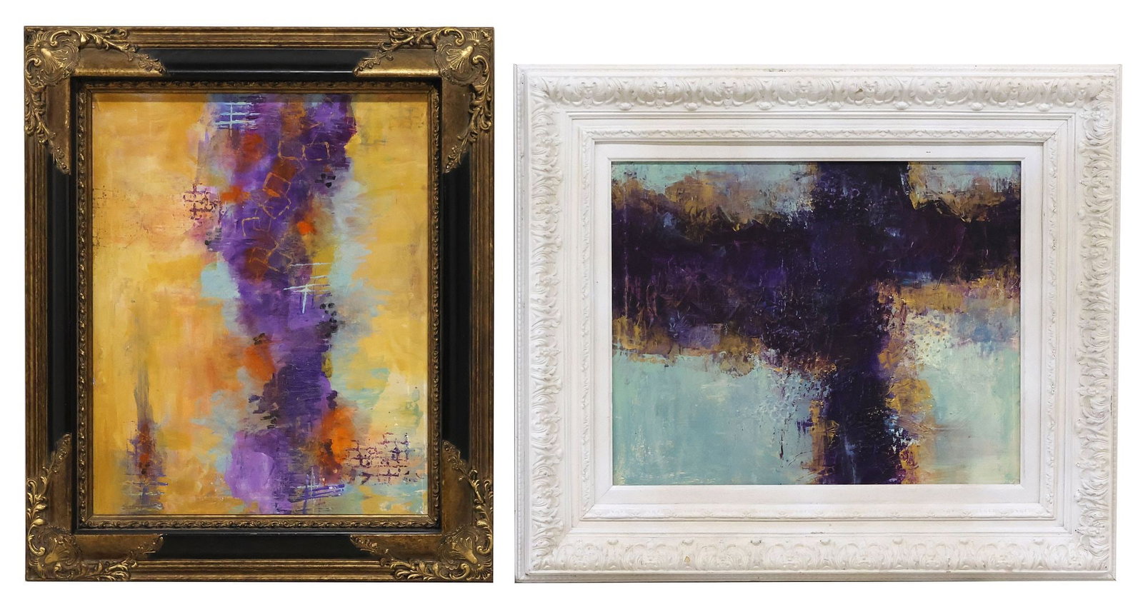 (2) FRAMED OIL PAINTINGS ON CANVAS, ABSTRACT COMPOSITIONS: (lot of 2) Framed oil on canvas paintings, both apparently unsigned, including: (1) Purple and Blue Abstract, sight: approx 15"h, 19"w, overall: approx 24.25"h, 28.25"w; (1) Purple and Yellow Composit