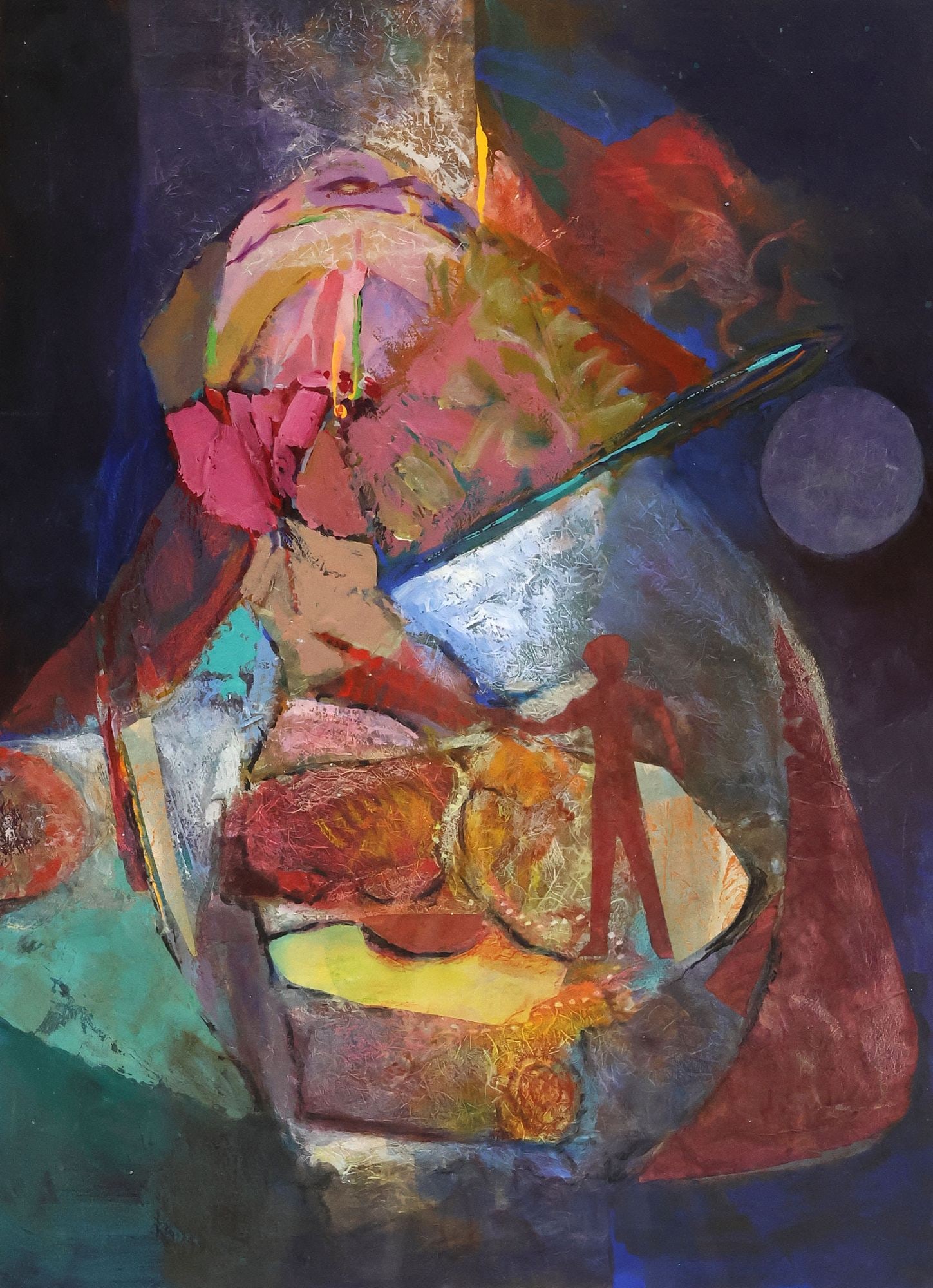 LORRAINE HAYES (TEXAS, 20TH C.) ABSTRACT MIXED MEDIA PAINTING: Framed mixed media painting on paper mounted to canvas, by Lorraine Hayes (Texas, 20th c.), retaining artist's card verso, apparently unsigned, sheet: approx 30"h, 22"w, sight: 35.25"h, 27.5"w, overal