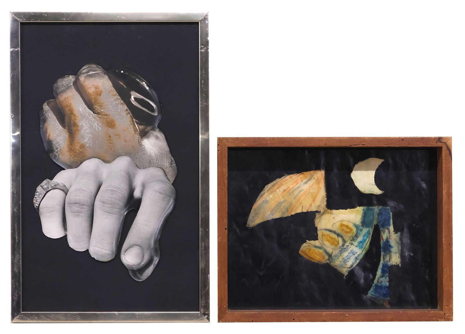 (2) SIGNED ARTWORK, CLASPED FISTS COLLAGE & ABSTRACT PAINTING: (lot of 2) Framed artwork on paper, including: (1) gouache painting, Abstract Composition with Crescent Moon, signed on dust cover Paul Huson (20th c.), dated 1964 and inscribed "London shade untitled