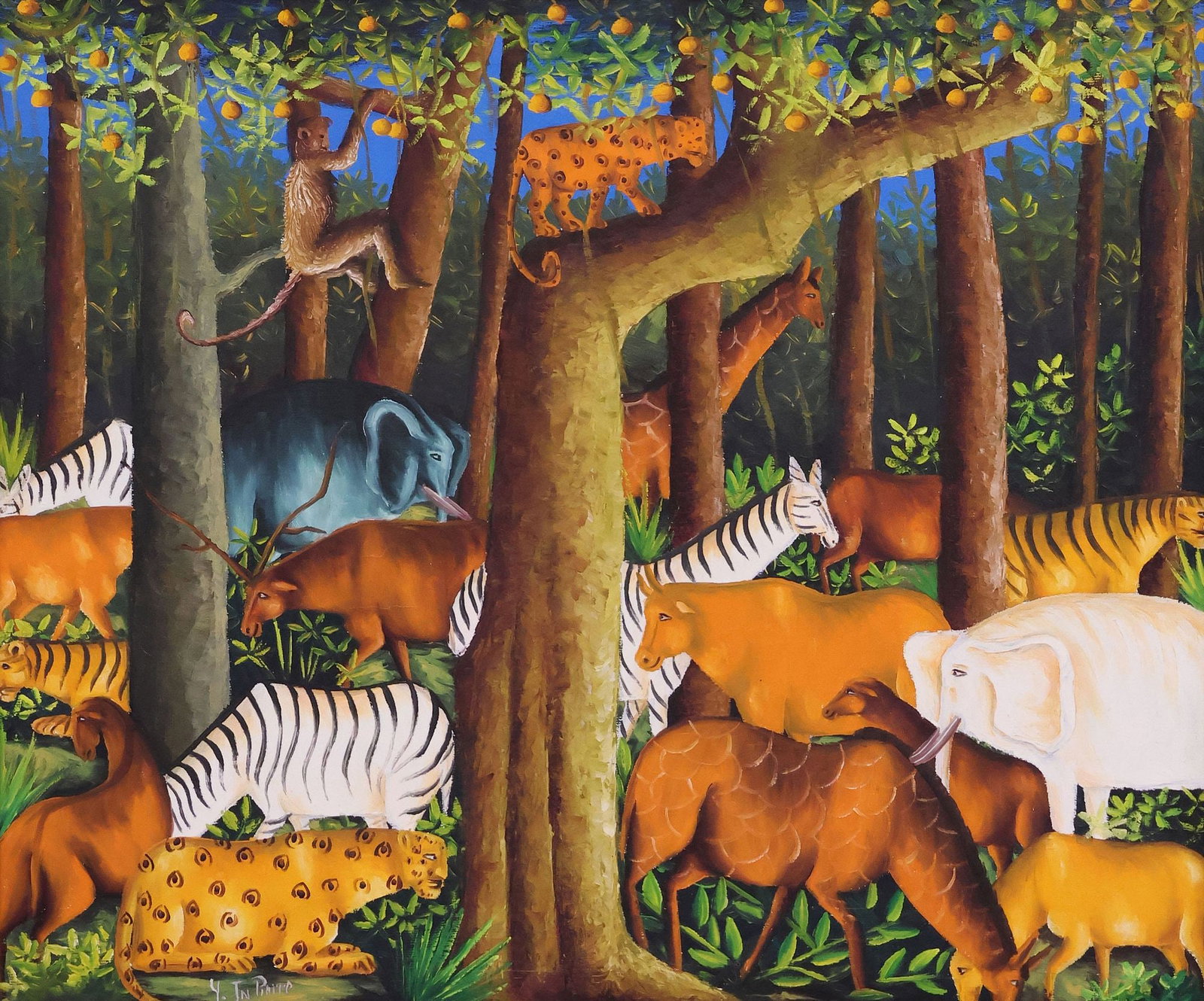 YVON JEAN PIERRE (HAITIAN, B.1942) PAINTING, JUNGLE ANIMALS LANDSCAPE: Framed oil on canvas painting, Jungle Landscape with Animals, signed lower left Y. JN. Pierre (Yvon Jean Pierre, Haitian, b.1942), sight: approx 19.5"h, 23.5"w, overall: approx 24.25"h, 28.25"w, 5lbs 