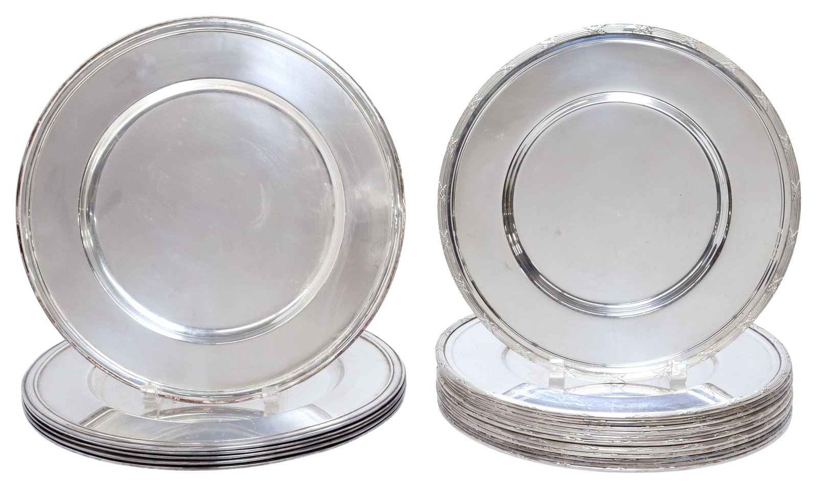 (18) ENGLISH SHEFFIELD SILVERPLATE & OTHER STAINLESS STEEL CHARGERS: (lot of 18) Collection of chargers, including: (12) English Sheffield silverplate chargers, each having fluted trim with crossed ribbon motifs, no observed monograms, crossed keys mark underfoot, poss