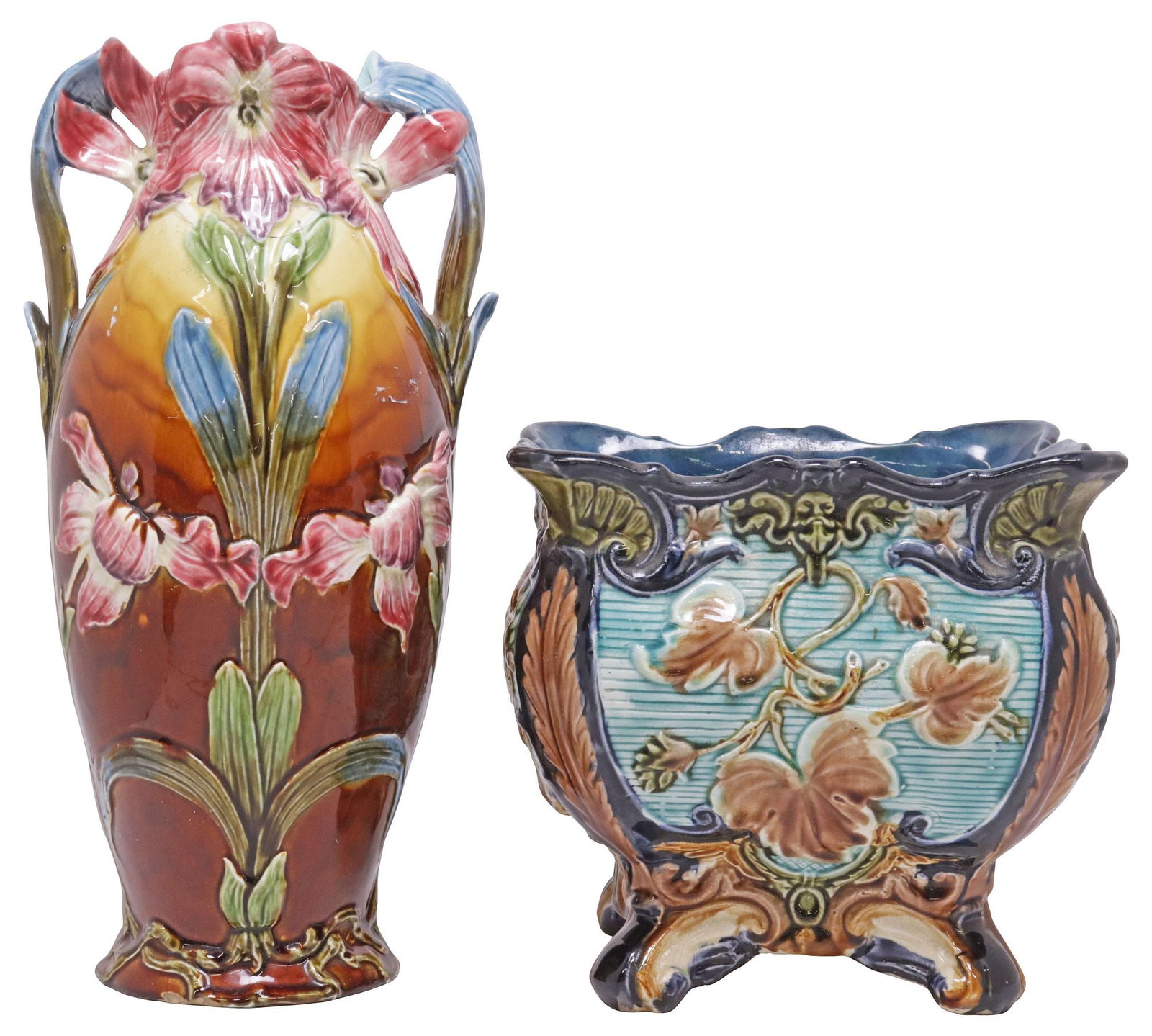 (2) FRENCH ART NOUVEAU MAJOLICA PLANTER & GARNITURE VASE (1 of 3)