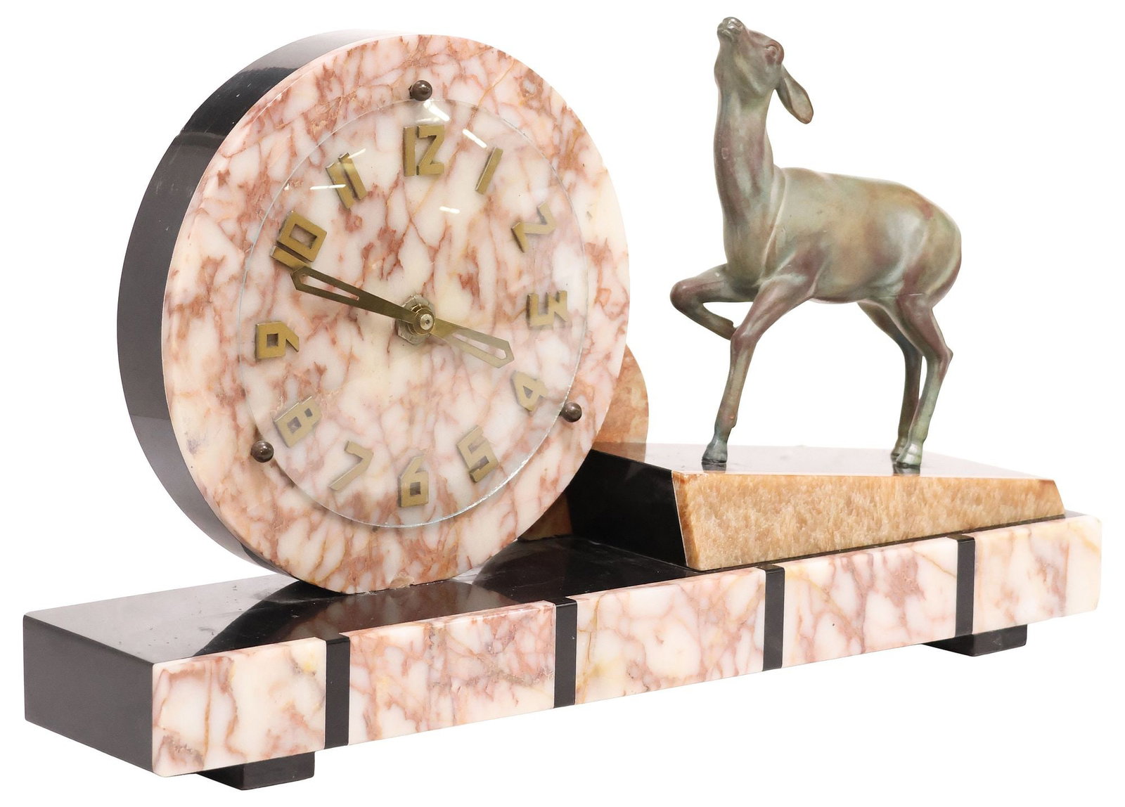 ART DECO PERIOD MARBLE MANTEL CLOCK WITH PATINATED METAL DEER (1 of 5)