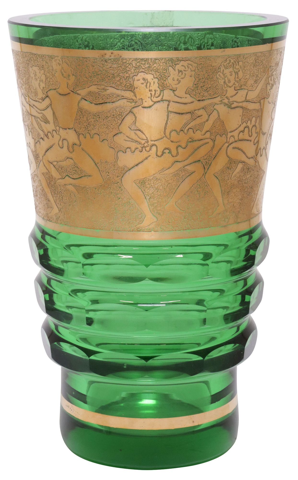 MOSER (ATTRIB.) BOHEMIAN ART DECO PARCEL-GILT GREEN GLASS DANCER VASE (1 of 4)