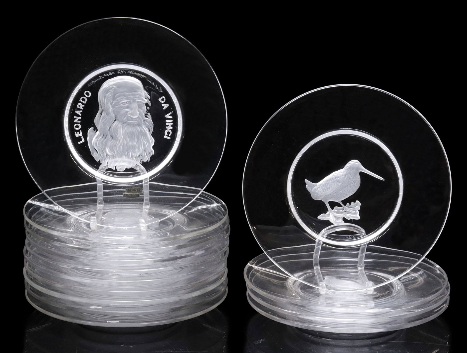 (14) VAL SAINT LAMBERT CRYSTAL LUNCHEON PLATES, 'GAME BIRDS' & 'OLD MASTERS' (1 of 19)