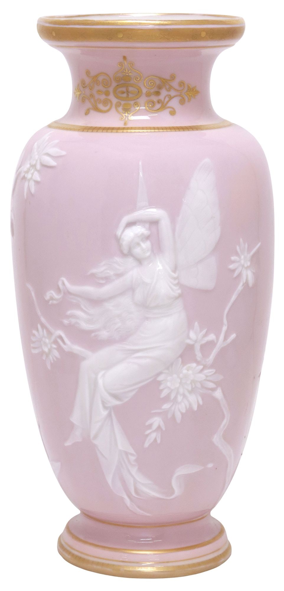 GERMAN RUDOLSTADT STRAUSS PATE-SUR-PATE PORCELAIN PSYCHE VASE: German pate-sur-pate porcelain vase, Rudolstadt Strauss, early 20th c., with parcel-gilt trim, above tapering body, depicting the Greek goddess Psyche perched on a foliate branch, on muted pink ground