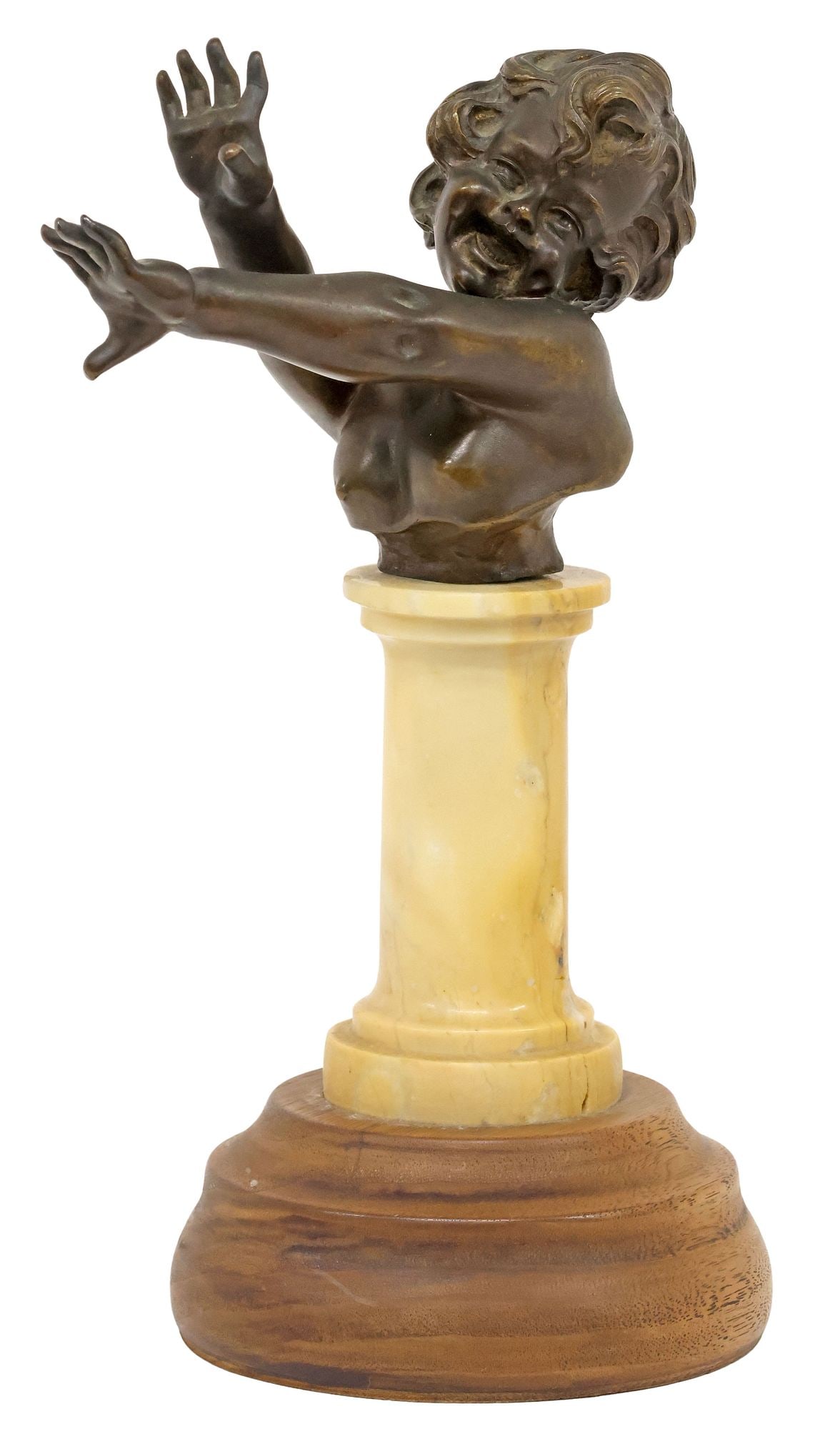 SIGNED PATINATED BRONZE FIGURAL SCULPTURE ON MARBLE PEDESTAL: Patinated bronze sculpture, Laughing Nude Girl, indiscernibly signed in cast E. Fils(?), initialed EFA, affixed to miniature marble pedestal, rising on stepped hardwood base, marble intact with restor