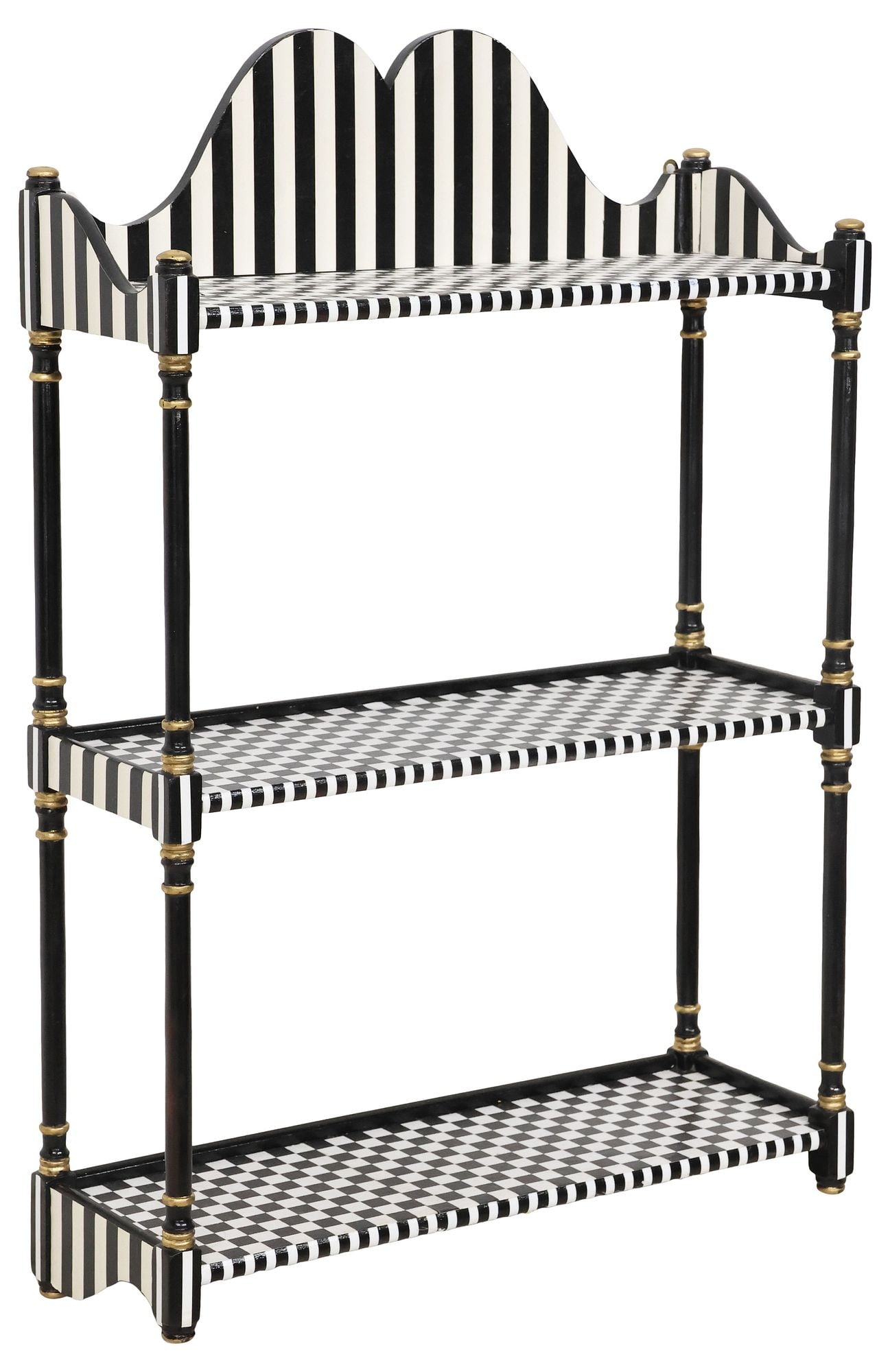 STYLE OF MACKENZIE CHILDS BLACK & WHITE CHECKERBOARD WALL SHELF: Parcel-gilt and paint-decorated wall shelf, in the manner of Mackenzie-Childs, 20th c., having arched crest, over three shelves, each with applied checkerboard and striped patterning, approx 30.5"h, 2