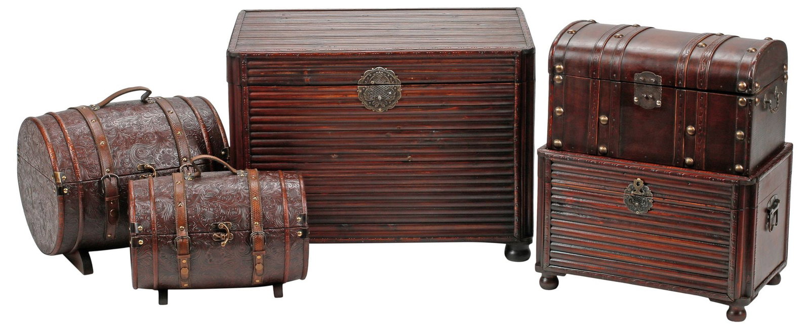 (5) DECORATIVE WOOD & FAUX LEATHER-CLAD STORAGE CHESTS / TRUNKS: (lot of 5) Decorative wood and faux leather-clad storage chests/ trunks, of varied size and form, with domed, slatted and barrel-form examples, largest: approx 18"h, 24.5"w, 6"d