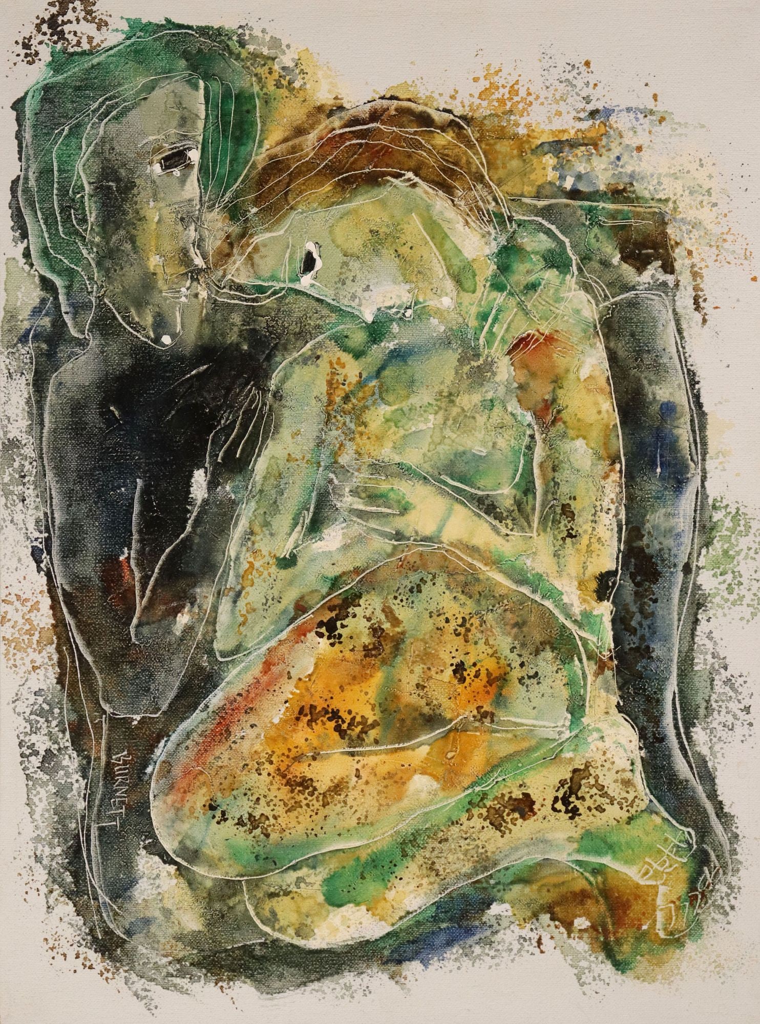 CALVIN WALLER BURNETT (1921-2007) ABSTRACT FIGURAL SGRAFFITO PAINTING (1 of 4)