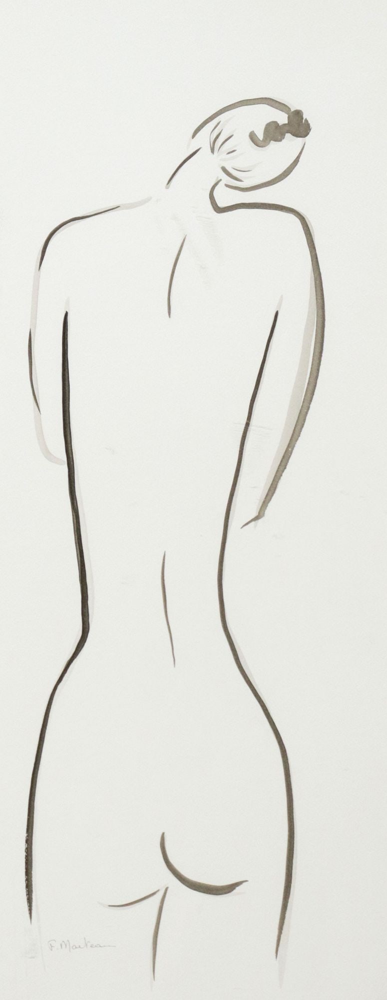 FREDERIQUE MARTEAU (FRENCH, B.1961) WATERCOLOR PAINTING, FEMALE NUDE: Framed watercolor on paper painting, Back View Nude, signed lower left F. Marteau (Frederique Marteau, French, b.1961), not examined out of frame, sheet: approx 25.5"h, 9.75"w, sight: approx 31"h, 15.