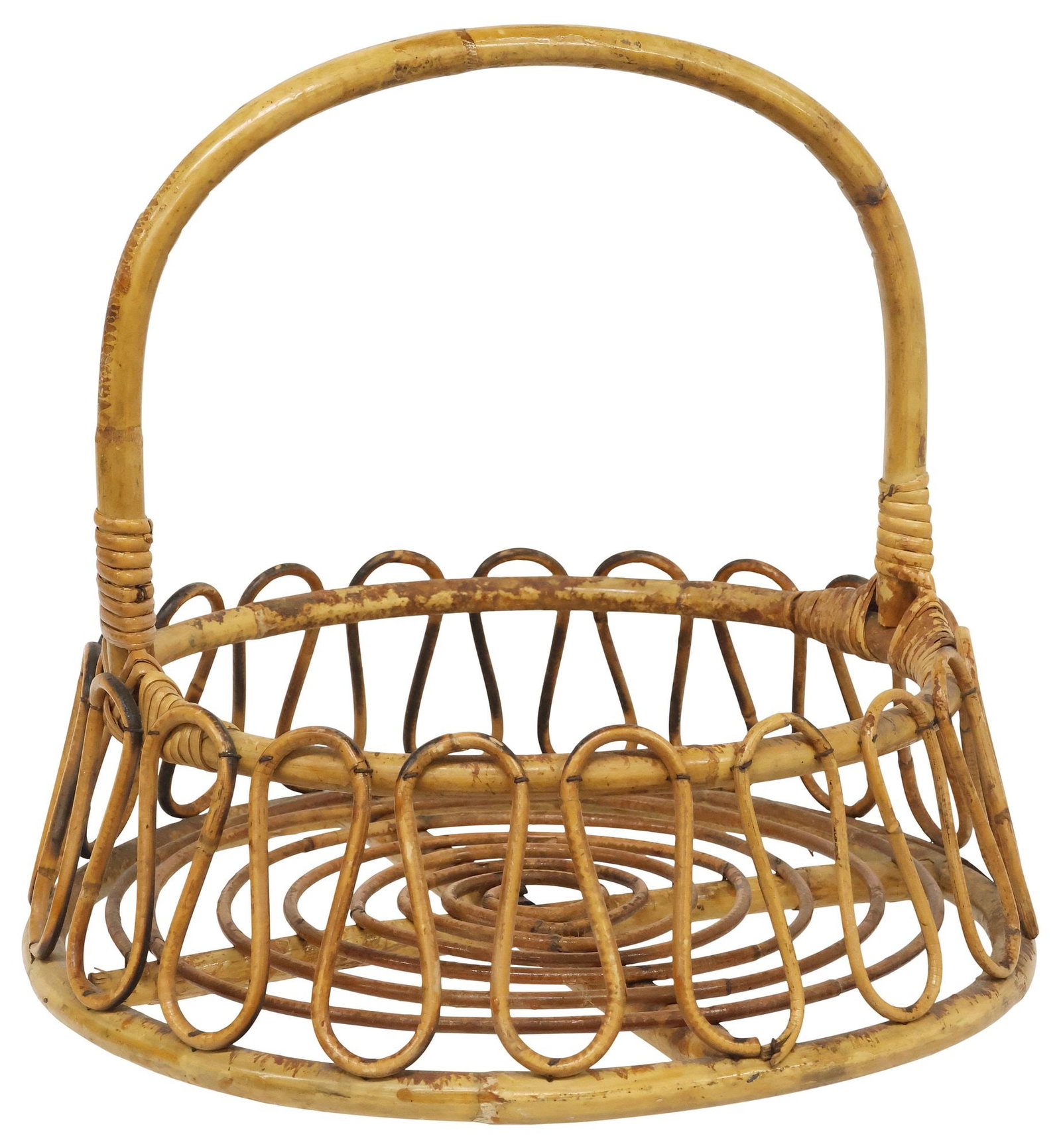 ITALIAN WOVEN BAMBOO & RATTAN CIRCULAR BASKET: Italian woven bamboo and rattan basket, 20th c., having arched handle, approx 14.5"h, 15.25"diam, 1.25lbs