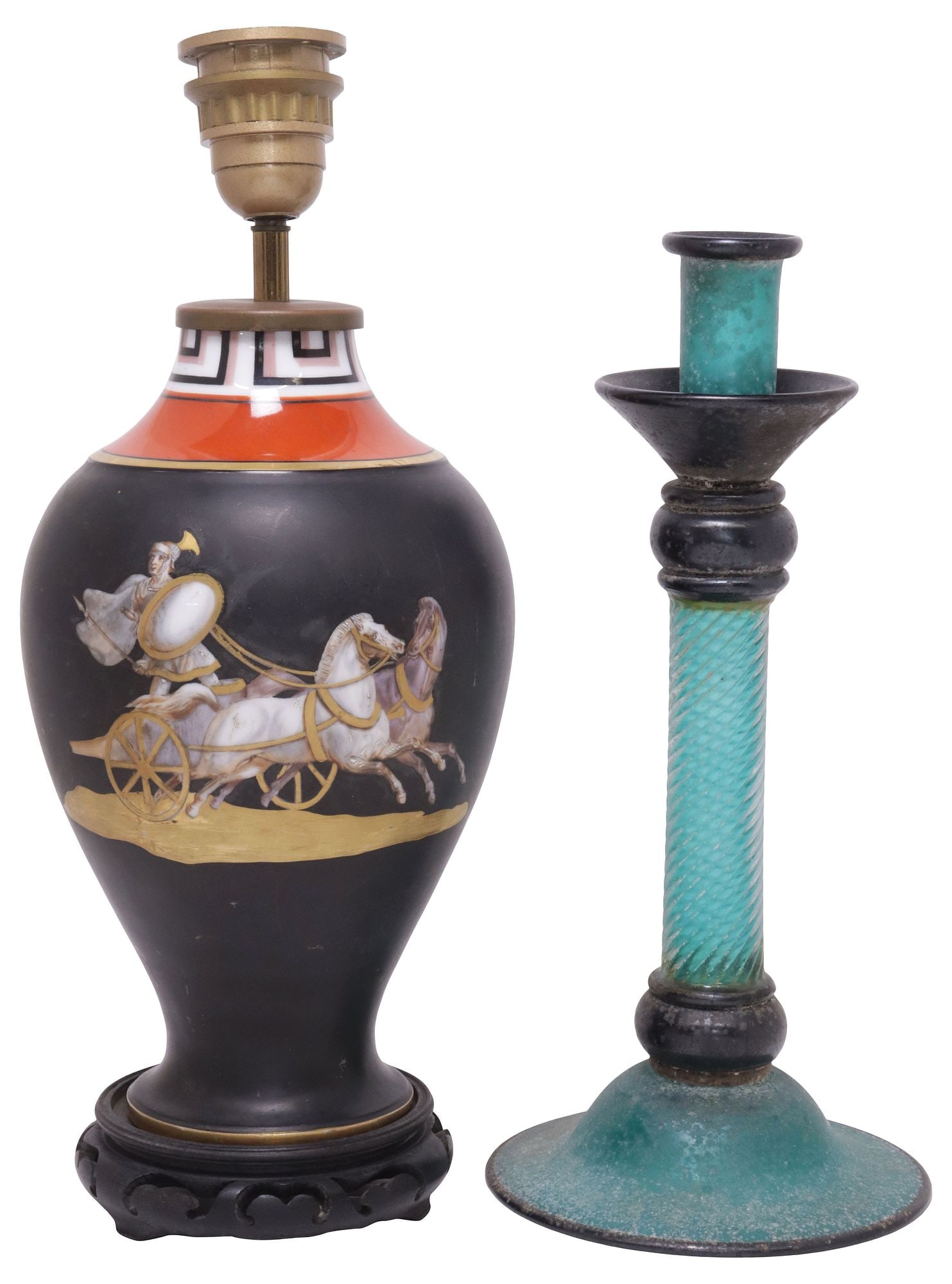 (2) ITALIAN MURANO GLASS CANDLESTICK & PORCELAIN 1-LIGHT TABLE LAMP: (lot of 2) Italian table lighting, 20th c., including: (1) parcel-gilt porcelain single-light table lamp, depicting a Classical-style warrior in horse-drawn chariot, the reverse with gladiator helmet,
