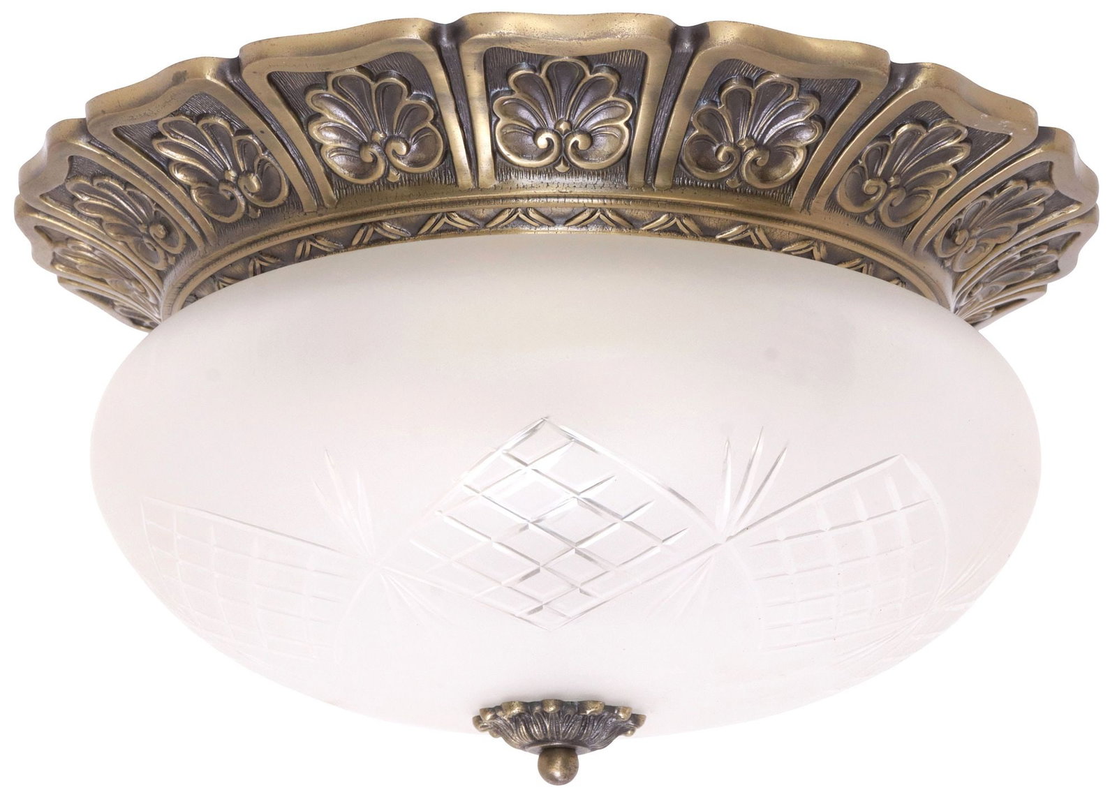 ITALIAN GILT-METAL & FROSTED GLASS FLUSH-MOUNT CEILING LIGHT: Italian gilt-metal flush-mount ceiling light, 20th c., domed frosted glass shade with etched latticework and fan motifs, in scalloped frame with foliate medallions, in need of wiring, approx 8"h, 14"d