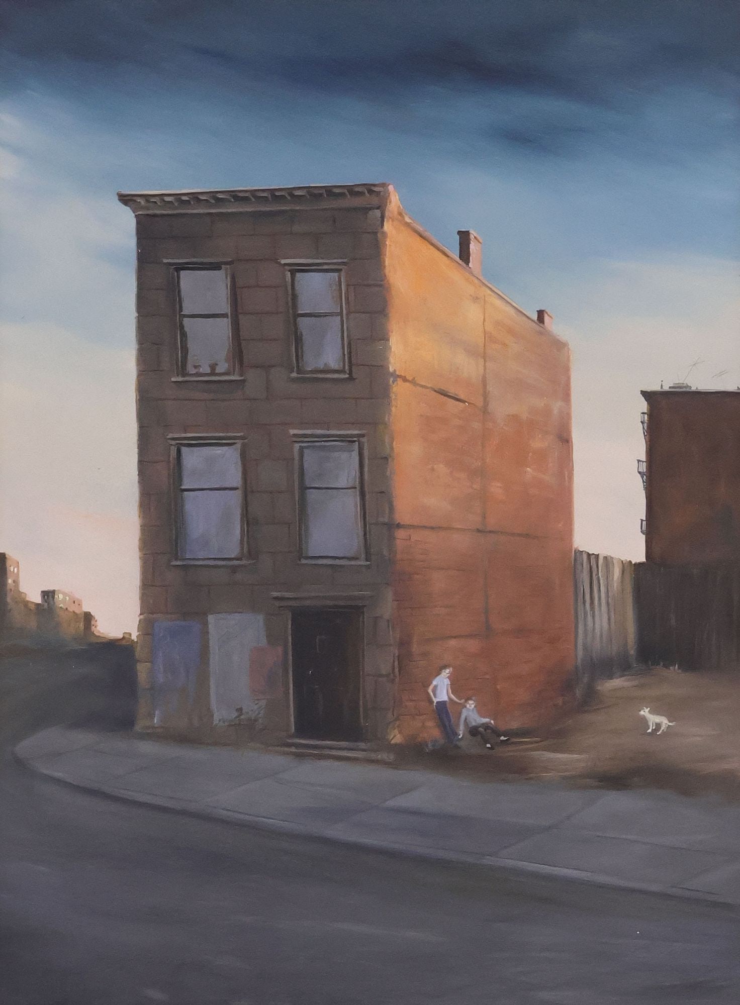 RICHARD MAITLAND (1925-2014) PAINTING, LONE BUILDING & FIGURES: Framed oil on Masonite painting, Lone Building with Figures, signed lower right Maitland (Richard Fuller Maitland, American, 1925-2014), sight: approx 15.25"h, 11.25"w, overall: 20.25"h, 16.25"w, 3.25