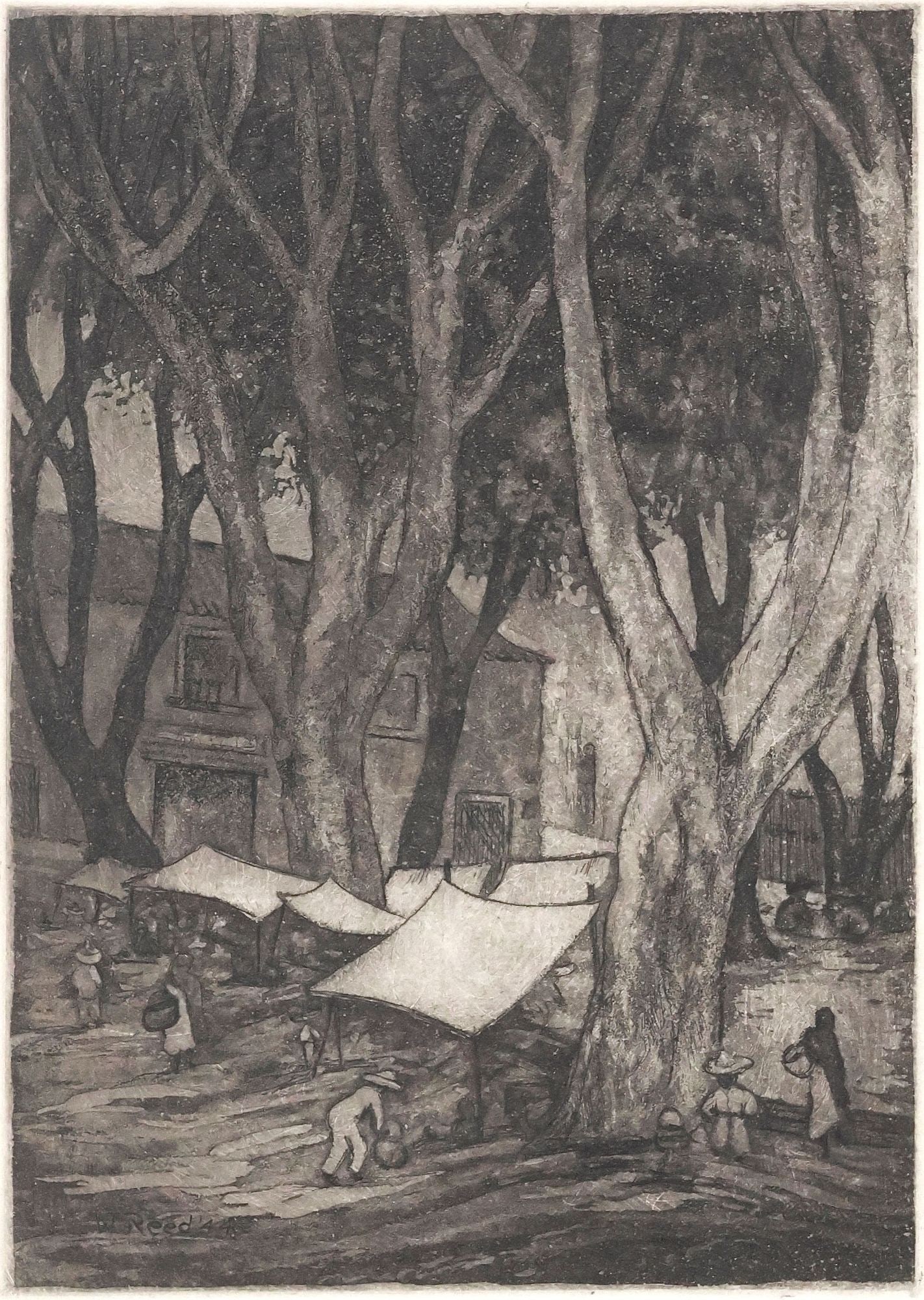 WILLIE REED ROWE (TEXAS, D.1986) ETCHING, 'PLAZA MARKET, TAXCO, MEXICO' (1 of 4)