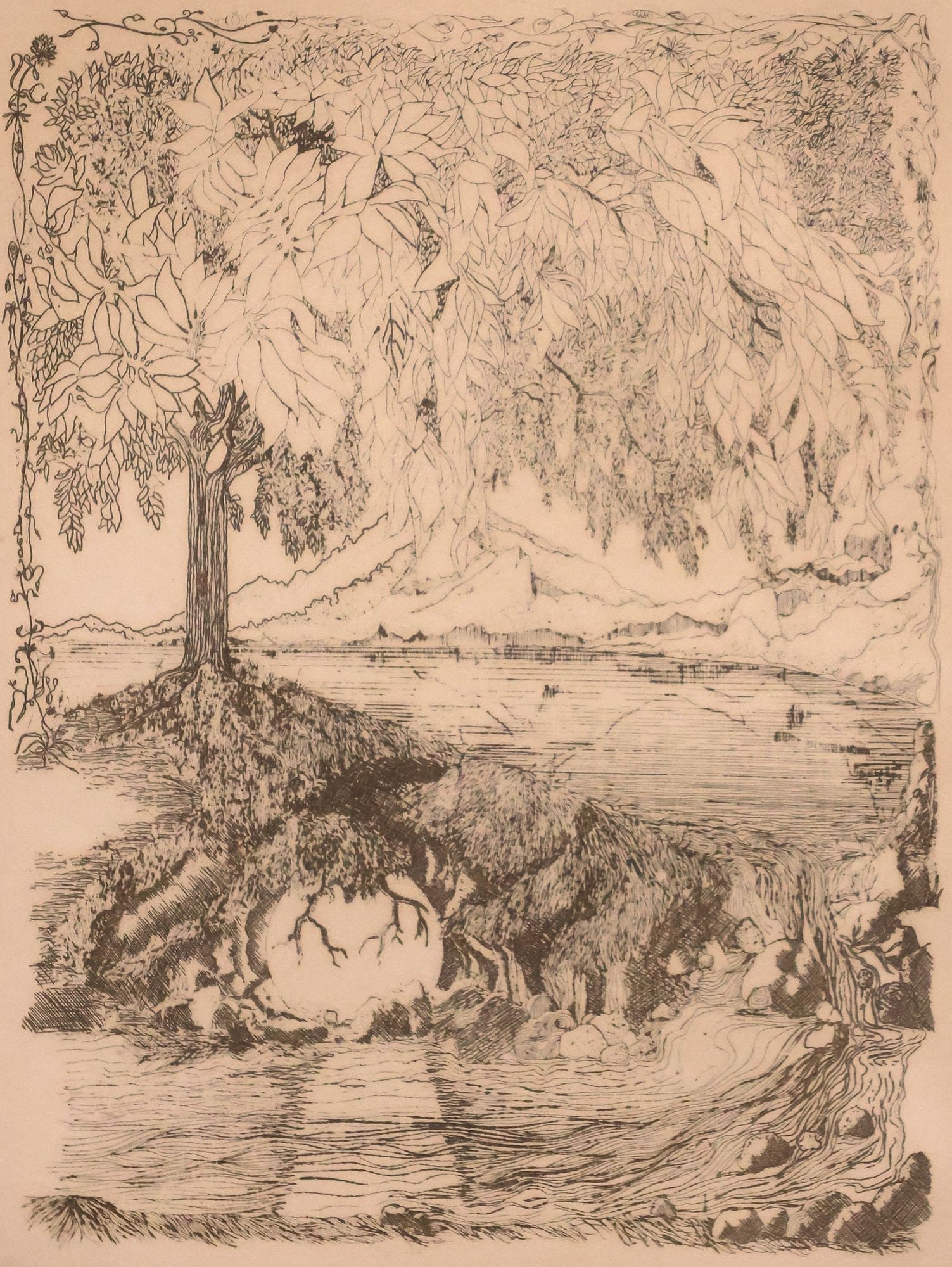 FRANKLIN NORWOOD (20TH C.) FANTASTICAL LANDSCAPE COPPER-PLATE ETCHING: Framed copper-plate etching on paper, "Once Upon a Lost Crystal," signed lower right F. Norwood (Franklin Norwood, Colorado, active 1967-present), numbered 111/ 250, titled, not examined outside frame