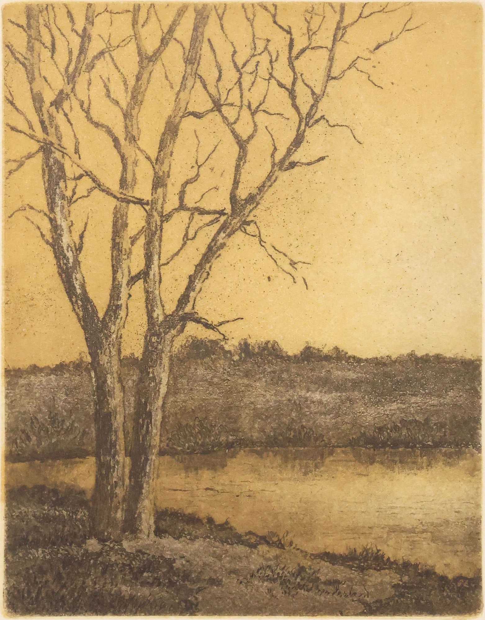 LEILA BLAIR (TEXAS, D.2008) SEPIA-TONED LANDSCAPE ETCHING, 'WINTER SKY' (1 of 5)