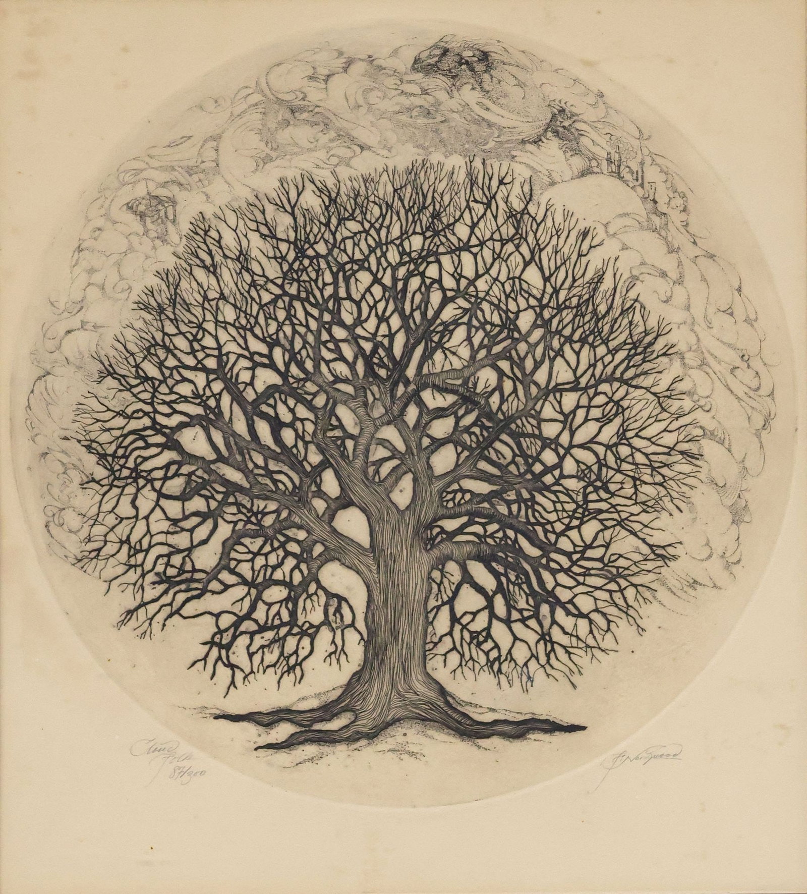 FRANKLIN NORWOOD (20TH C.) COPPER-PLATE TREE ETCHING, 'CLOUD FOLK' (1 of 4)