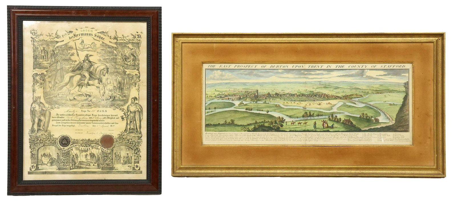 (2) FRAMED CARTOGRAPHIC ENGRAVING & SONS OF HERMANN MEMBERSHIP PRINT: (lot of 2) Framed prints on paper, including: (1) color engraving, "The East Prospect of Burton upon Trent in the County of Stafford," after Samuel and Nathaniel Buck (18th c.), sight: approx 12"h, 31