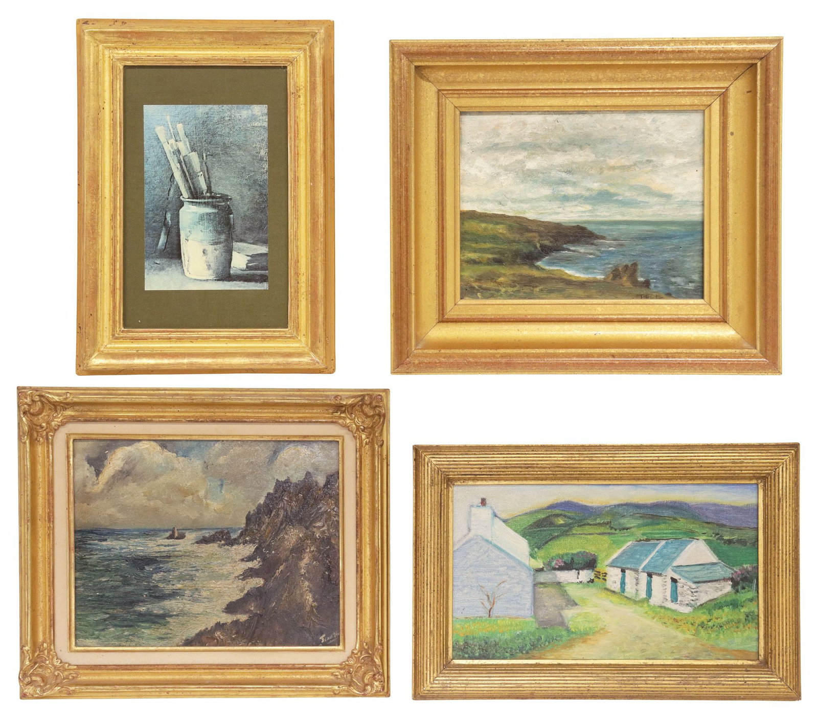 (4) ARTWORK, JEAN-PIERRE HAIE (FRENCH, 20TH C.) PAINTINGS & OTHER PRINT: (lot of 4) Framed artwork, each with Jean-Pierre Haie stamp verso, including: (3) oil paintings, by Jean-Pierre Haie (French, 20th c.), (one) on panel, "Pointe du Raz," signed lower right J. Haie, tit