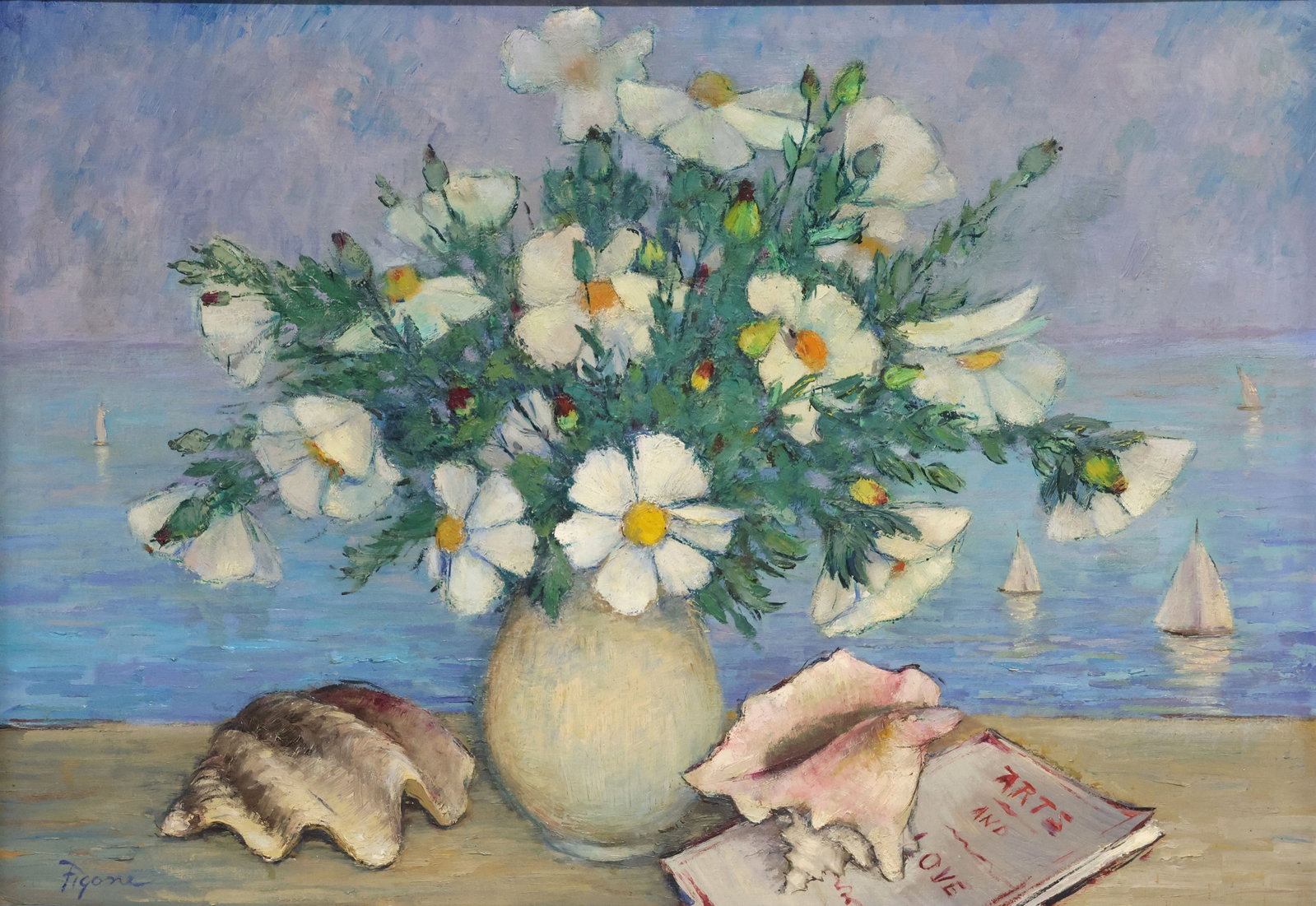 FORTUNATO FIGONE (1901-1982) STILL LIFE PAINTING, 'MATILIJA POPPY,' 28" X 40": Framed oil on canvas painting, "Matilija Poppy," signed lower left Figone (Fortunato V. Figone, Italian-American, 1901-1982), titled with additional artist's signature verso, with gilt-metal artist's 