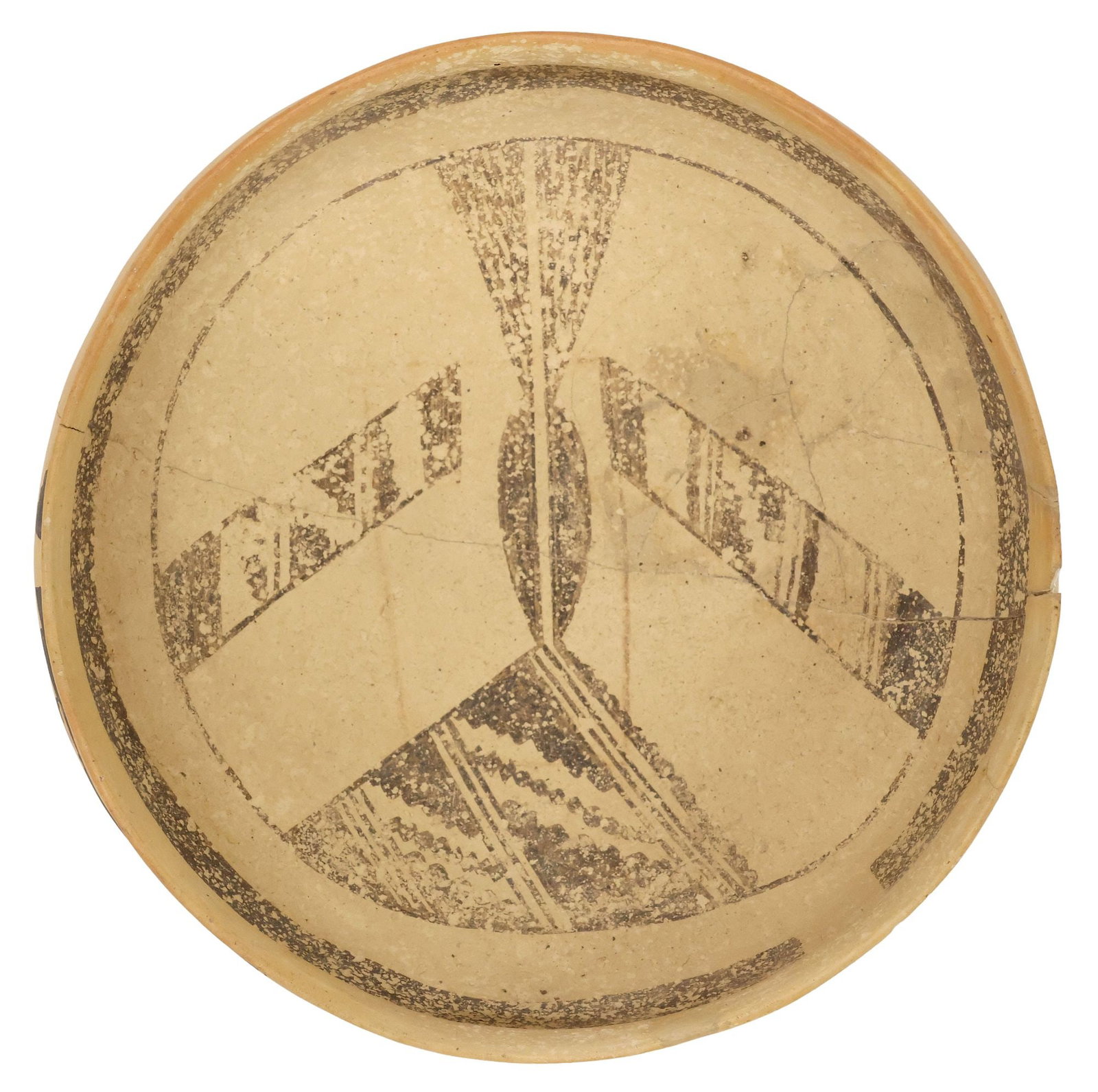 JEDDITO BLACK-ON-YELLOW POTTERY BOWL: Jeddito black-on-yellow pottery bowl, painted on the interior with a stylized spread-winged avian motif, encircled by a wide framing band with spirit break, a panel of stepped boxes and negative hooks
