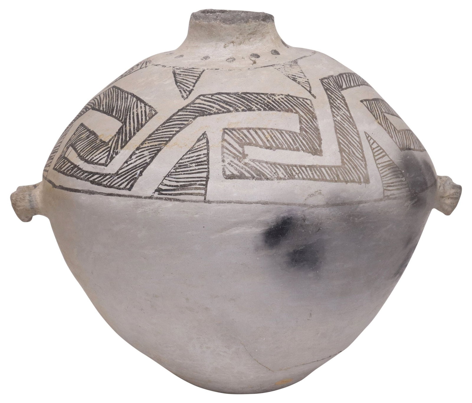 LARGE CHACO BLACK-ON-WHITE HANDLED POTTERY OLLA: Large Chaco black-on-white pottery olla, the spherical vessel painted on the exterior above the shoulder with a finely hachured fretwork band and triangular complements, a pair of lug handles at the w