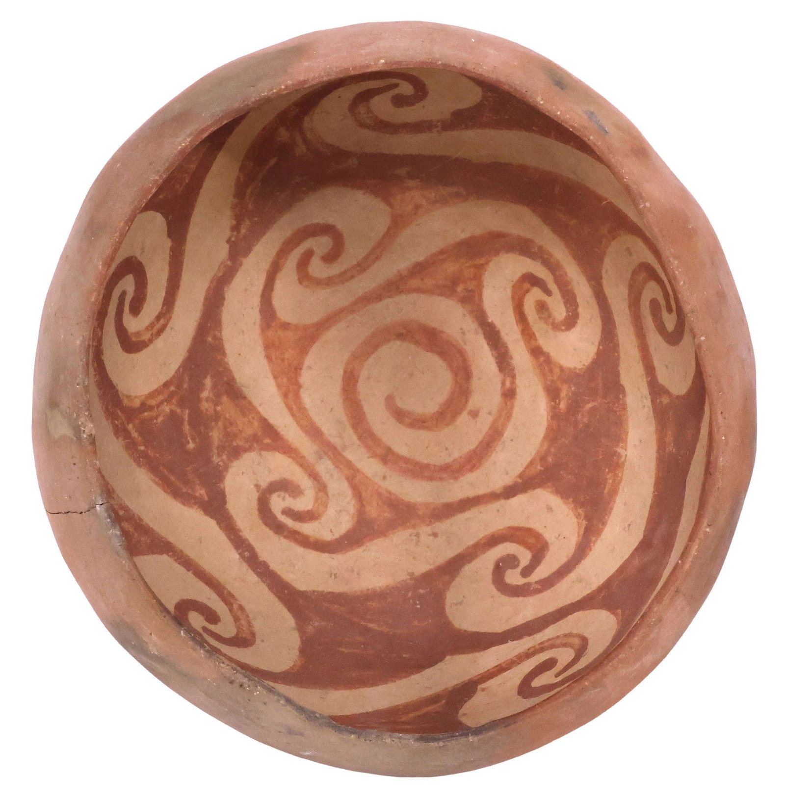 MOGOLLON RED-ON-BUFF POTTERY BOWL: Mogollon red-on-buff pottery bowl, the deep vessel with receding rim, painted on the interior with coiling interconnected S-forms approx 4.5"h, 6.5"diam, 1lbs **Provenance: From the collection of Fran