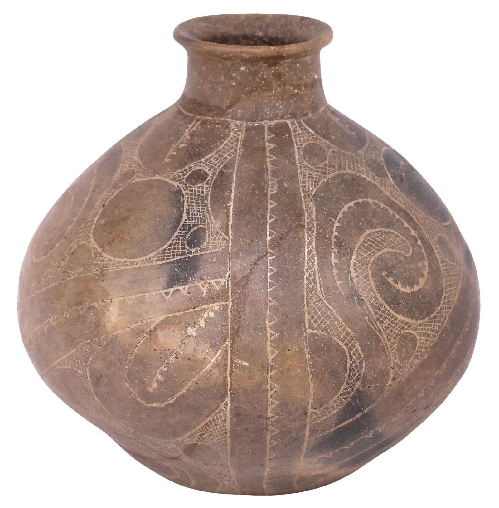 LARGE ENGRAVED WATER BOTTLE, POSSIBLY CADDO: Large engraved water bottle, possibly Caddo, with geometric incisions, intact with restoration and hairlines, approx 8"h, 7"diam, 2.25lbs **Provenance: From the collection of Frank K. Ribelin (1933-20