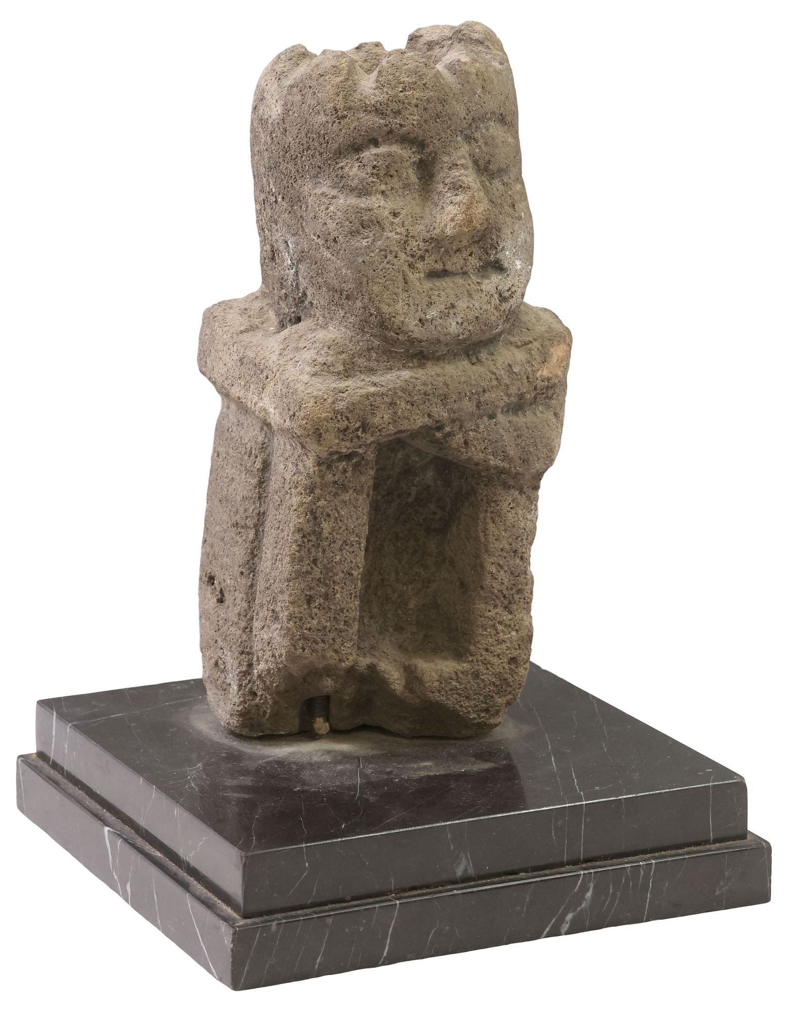 PRE-COLUMBIAN STYLE CARVED STONE SCULPTURE ON STAND, SEATED FIGURE: Pre-Columbian style carved stone sculpture, Seated Figure, modeled as a person sitting with their arms wrapped around their knees, rising on stepped marble base, approx 12"h, 8"w, 8"d, 9.25lbs **Prove