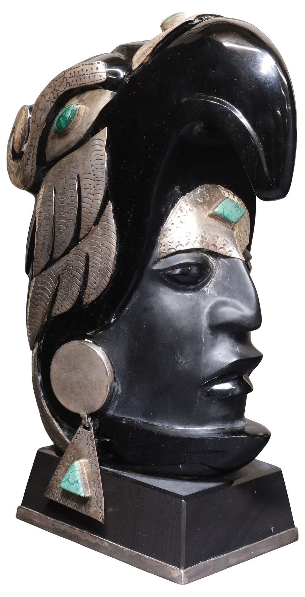 PRE-COLUMBIAN STYLE SILVER & MALACHITE-MOUNTED OBSIDIAN FIGURE, MEXICO (1 of 6)