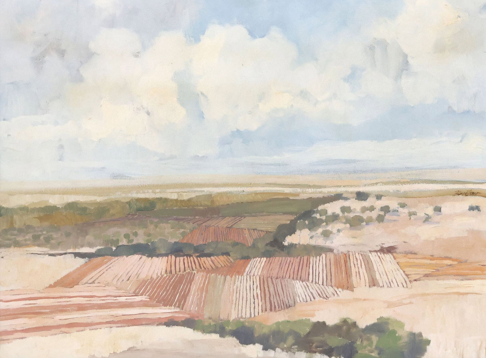 WILLIAM 'BILL' ARTHUR BRISTOW (TEXAS, D.2022) PAINTING, FARM LANDSCAPE: Framed oil on Masonite painting, Aerial Landscape with Crops, signed center right Bristow (William "Bill" Arthur Bristow, San Antonio, Texas, 1937-2022), sight: approx 23.75"h, 17 5/8"w, overall: appr