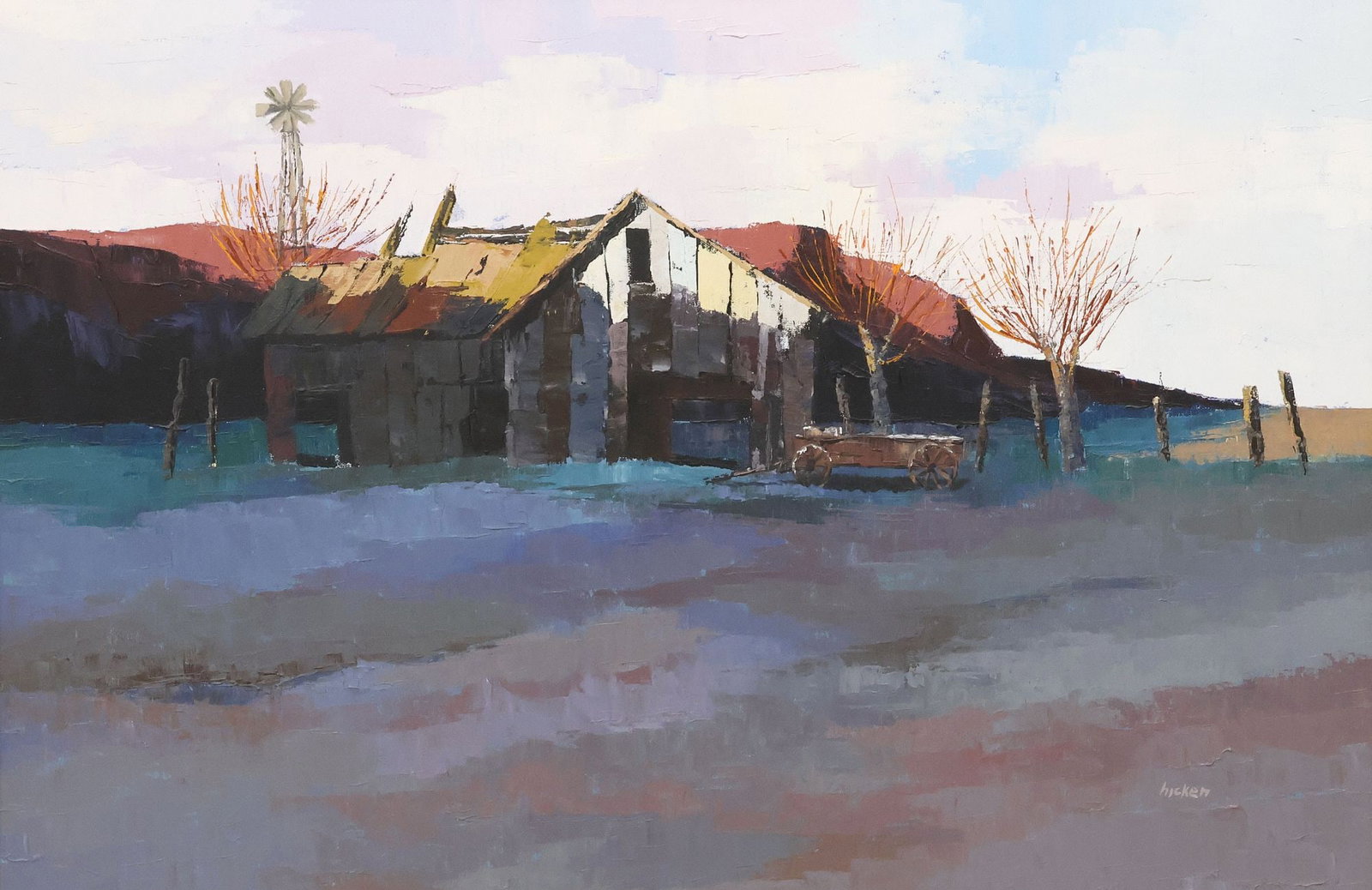 PHILIP BURNHAM HICKEN (D.1985) WESTERN PAINTING, 'MCALISTER, OKLAHOMA': Framed oil on canvas painting, "McAlister, Oklahoma," signed lower right Hicken (Philip Burnham Hicken, American, 1910-1985), titled on back stretcher, sight: approx 23.75"h, 35.5"w, overall: approx 3