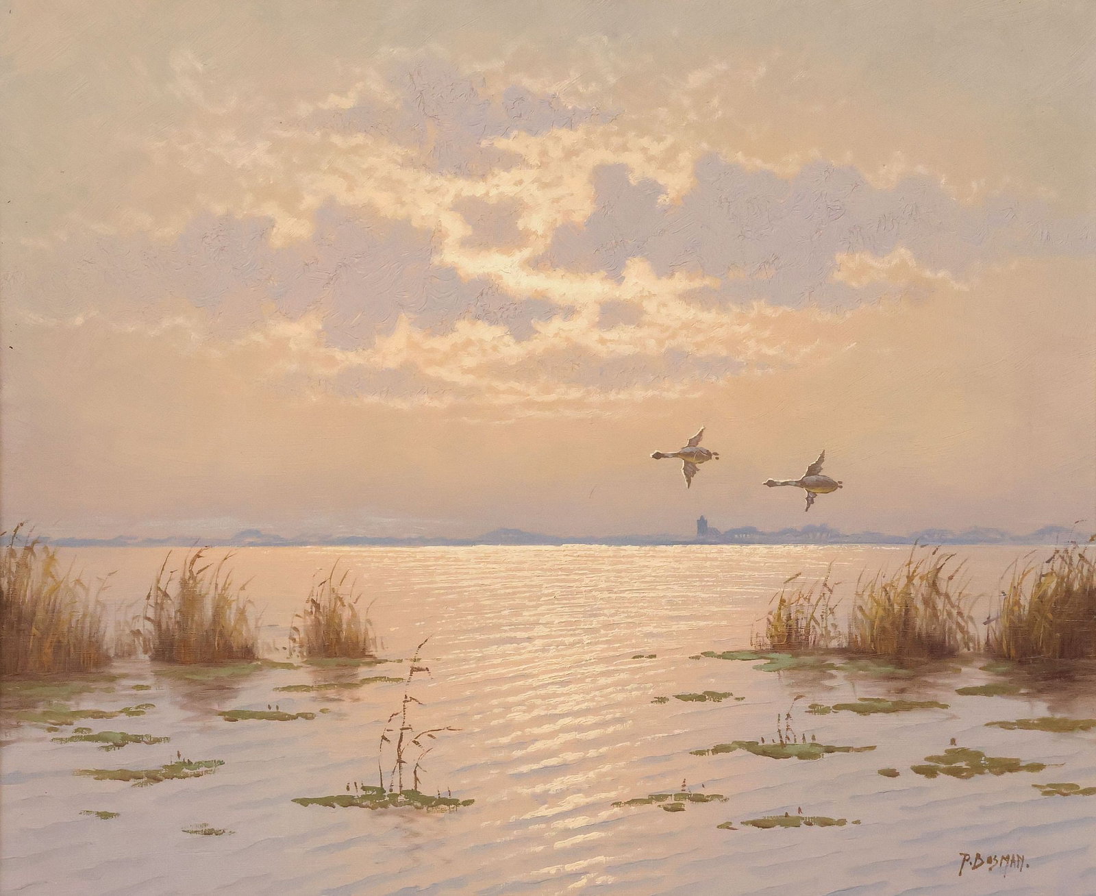 SIGNED P. BOSMAN OIL PAINTING, CANADIAN GEESE IN FLIGHT 19" X 23": Framed oil on canvas painting, Canadian Geese in Flight, signed lower right P. Bosman (20th c.), sight: approx 18.5"h, 22.5"w, overall: approx 26.75"h, 30.75"w, 7lbs **Provenance: Dallas, Texas: When 