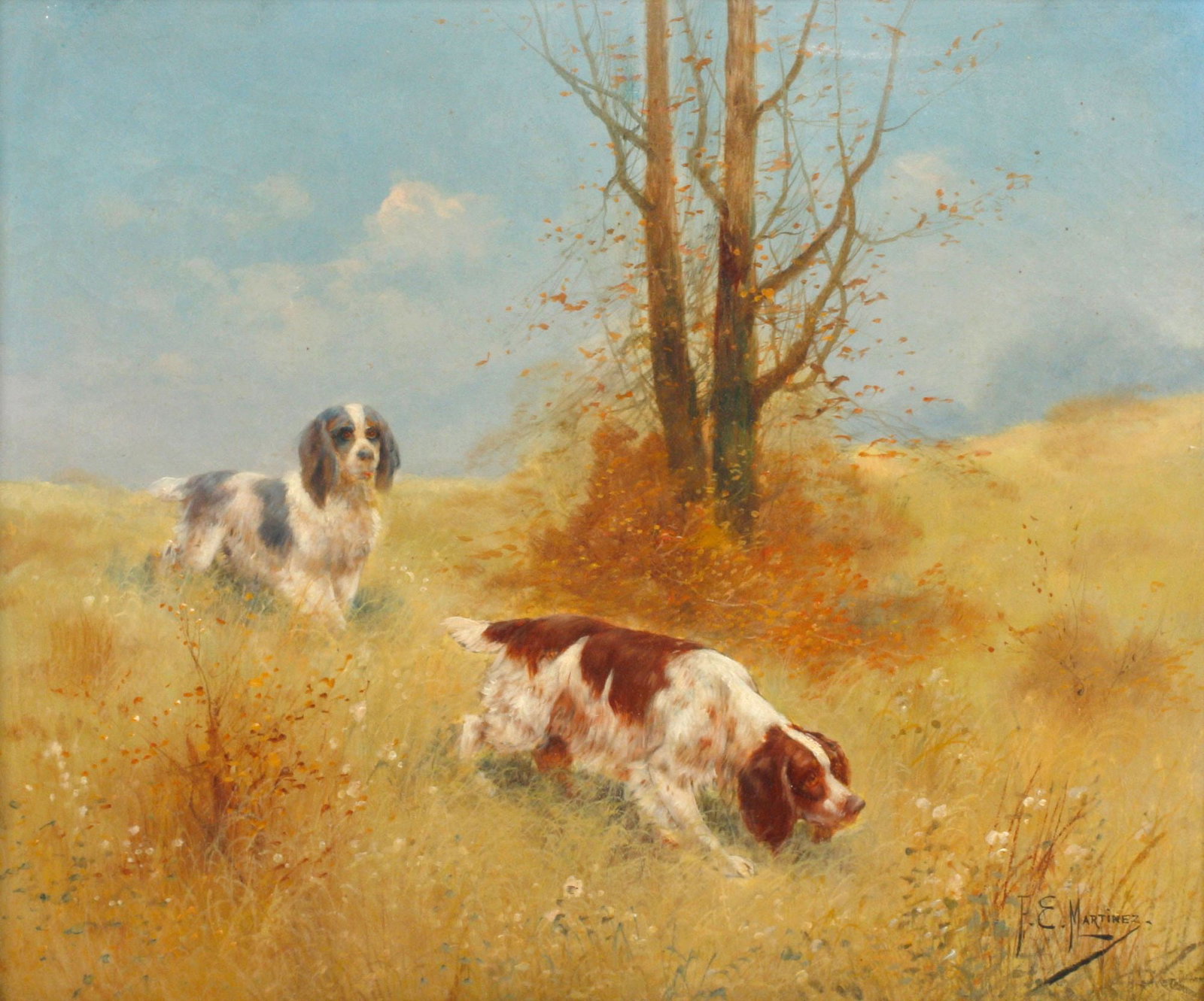 SIGNED F.E. MARTINEZ OIL PAINTING, HUNTING DOGS ON THE SCENT: Framed oil on canvas painting, Hunting Hounds on the Scent, signed lower right F. E. Martinez (19th/ 20th c.), sight: approx 20.75"h, 24.75"w, overall: approx 27"h, 31.5"w, 7.5lbs
