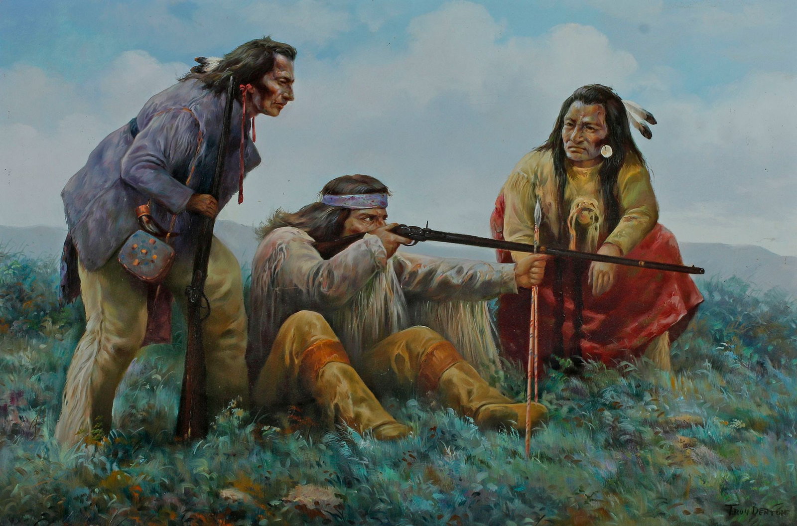 TROY DENTON (B.1949) OIL PAINTING, NATIVE AMERICANS ON THE HUNT (1 of 6)
