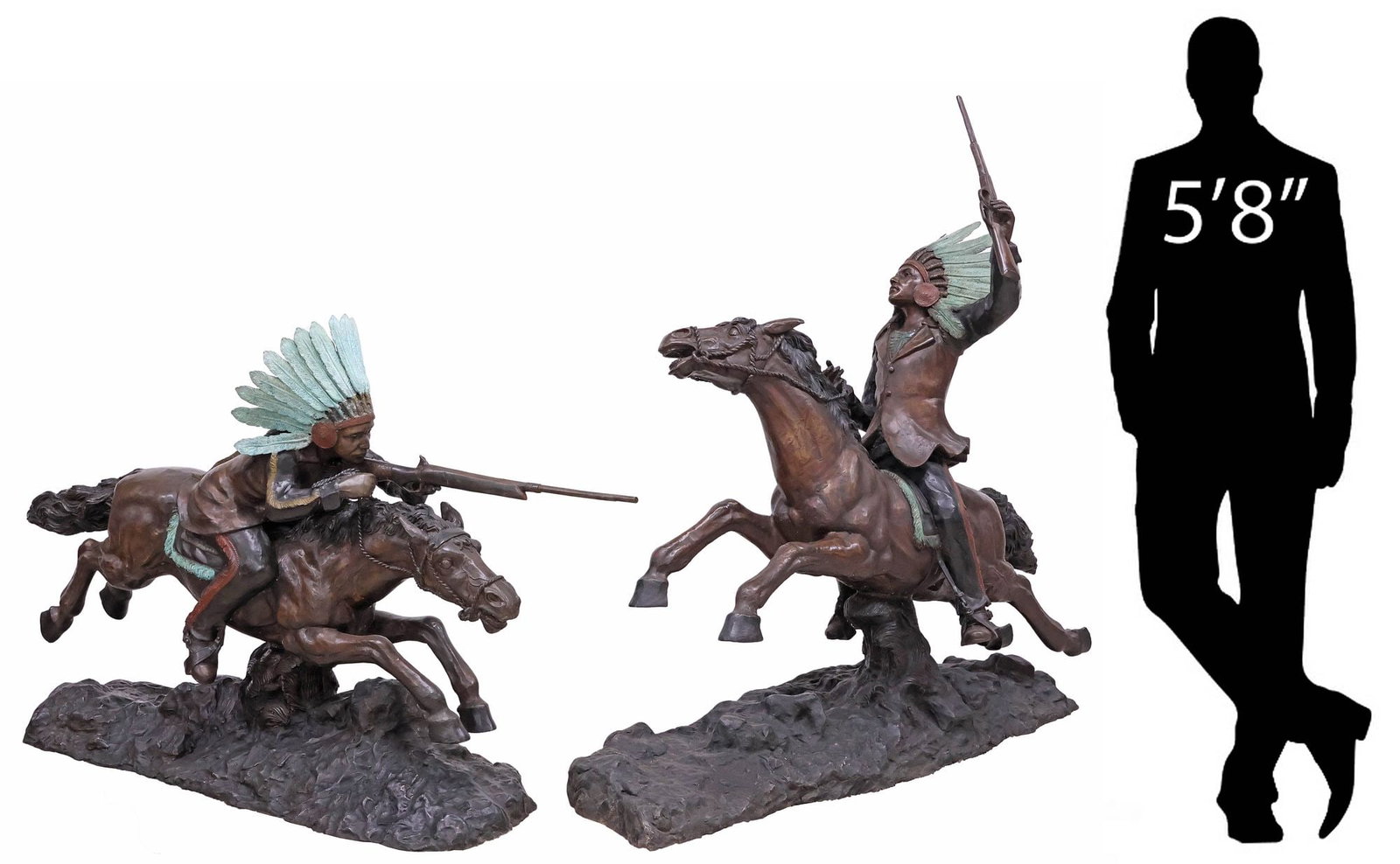 (2) LARGE PATINATED BRONZE WESTERN SCULPTURES, NATIVE AMERICAN RIDERS, 58"H: (lot of 2) Monumental patinated and cold-painted bronze sculptures, Native American Riders on Horseback, each with verdigris-patinated feather headdress, holding a rifle on galloping horse, rising on 