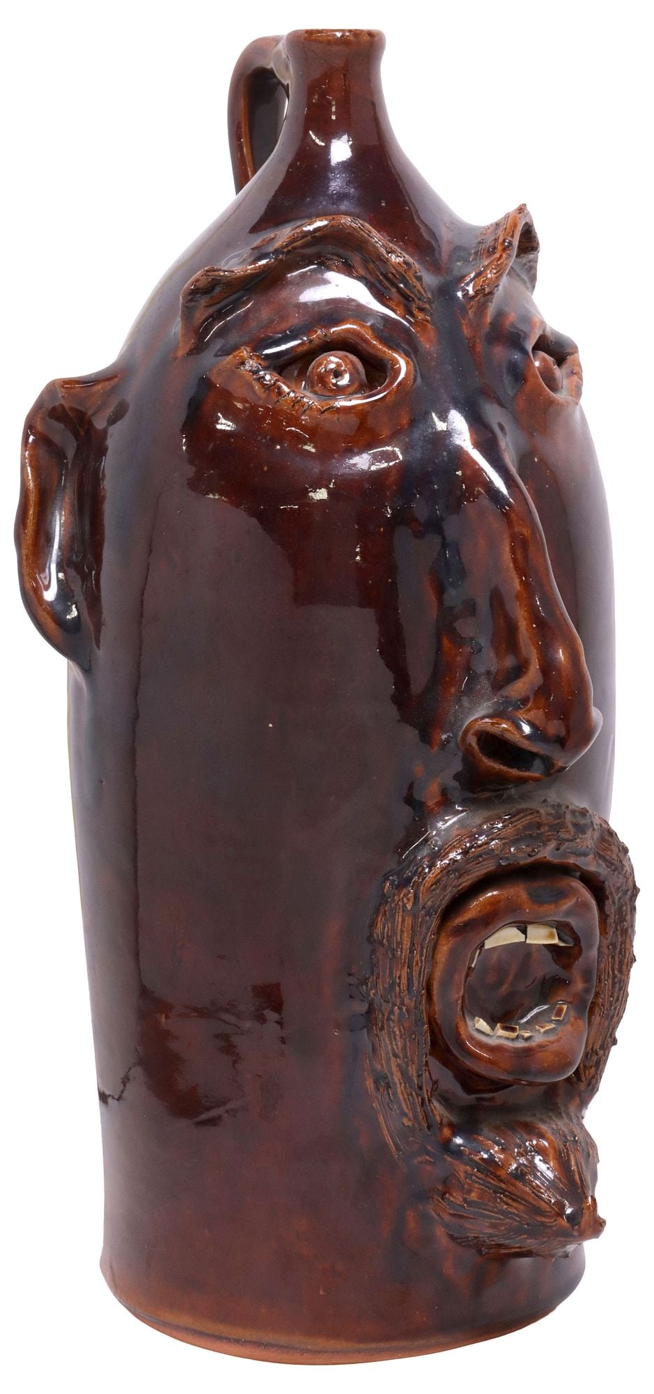 LARGE BROWN'S POTTERY NORTH CAROLINA GLAZED STONEWARE 'FACE' JUG, 18"H (1 of 5)