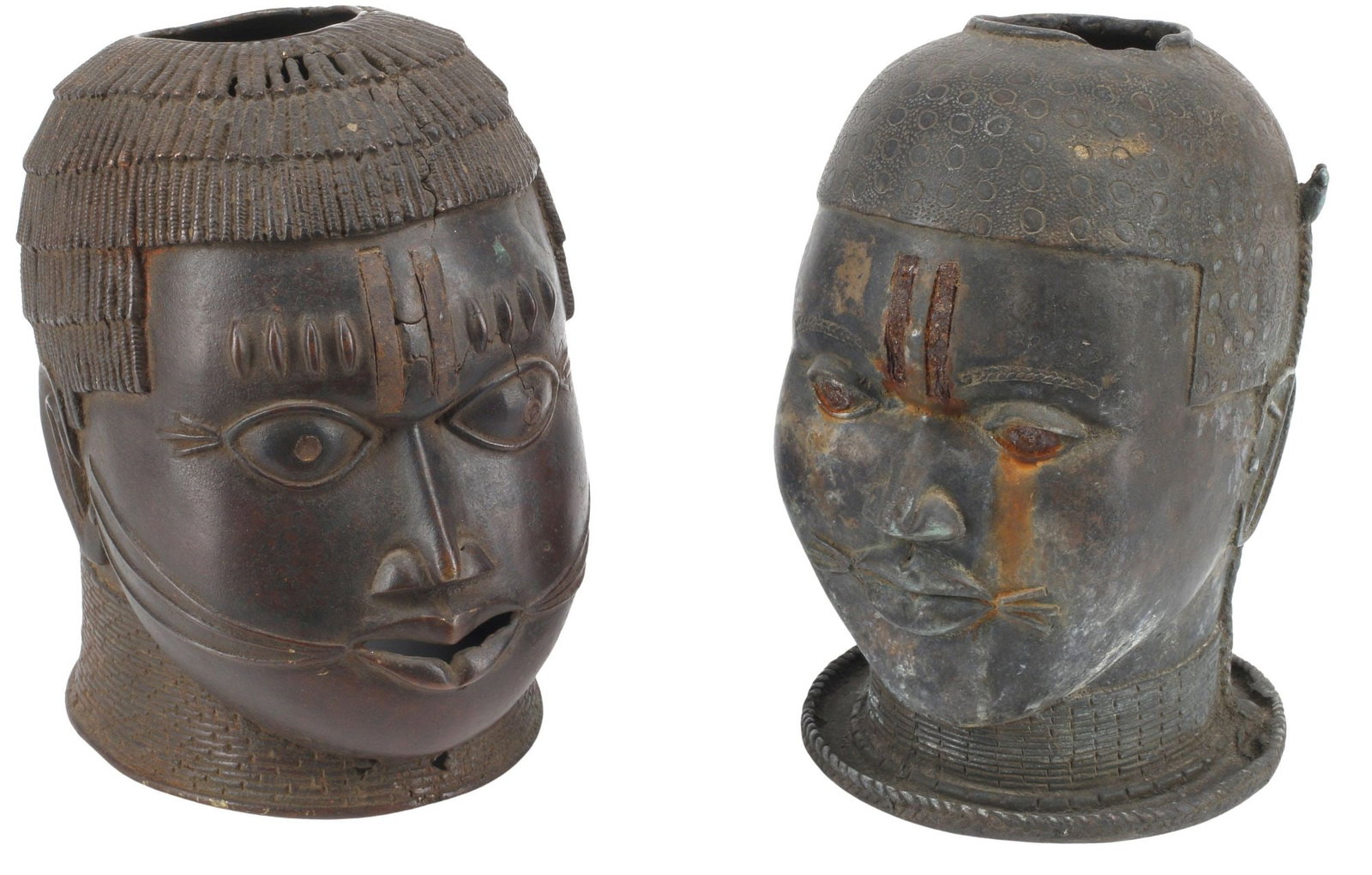 (2) WEST AFRICAN BENIN-STYLE PATINATED BRONZE HEAD SCULPTURES: (pair) West African Benin-style patinated bronze sculptures, Tribal Heads, slightly varied sizes, largest: approx 9"h, 5"w, 7"d, 11.5lbs total